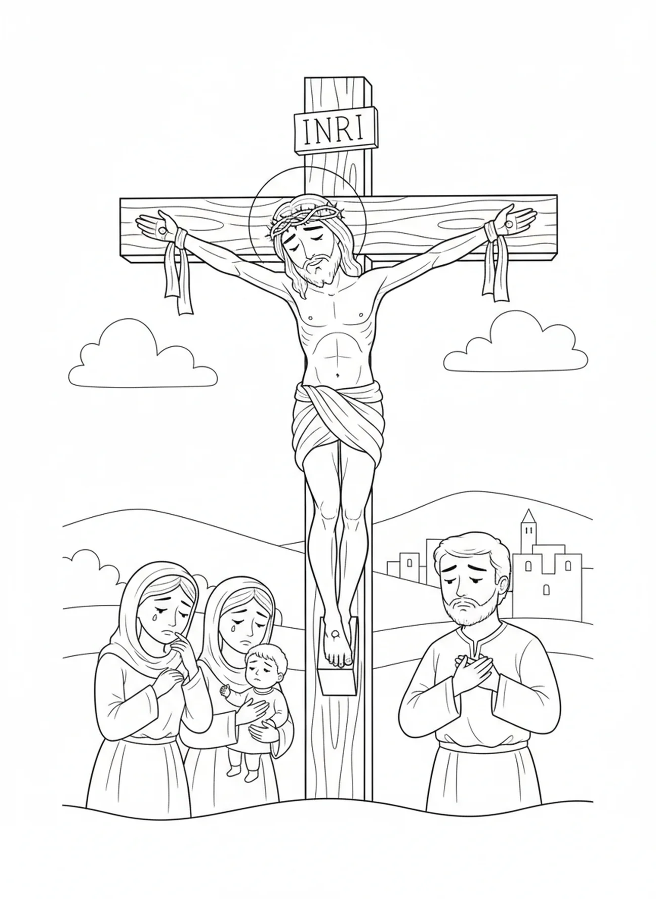 Jésus sur la croix, page à colorier des Stations de la Croix 13 pour enfants de 5 à 10 ans