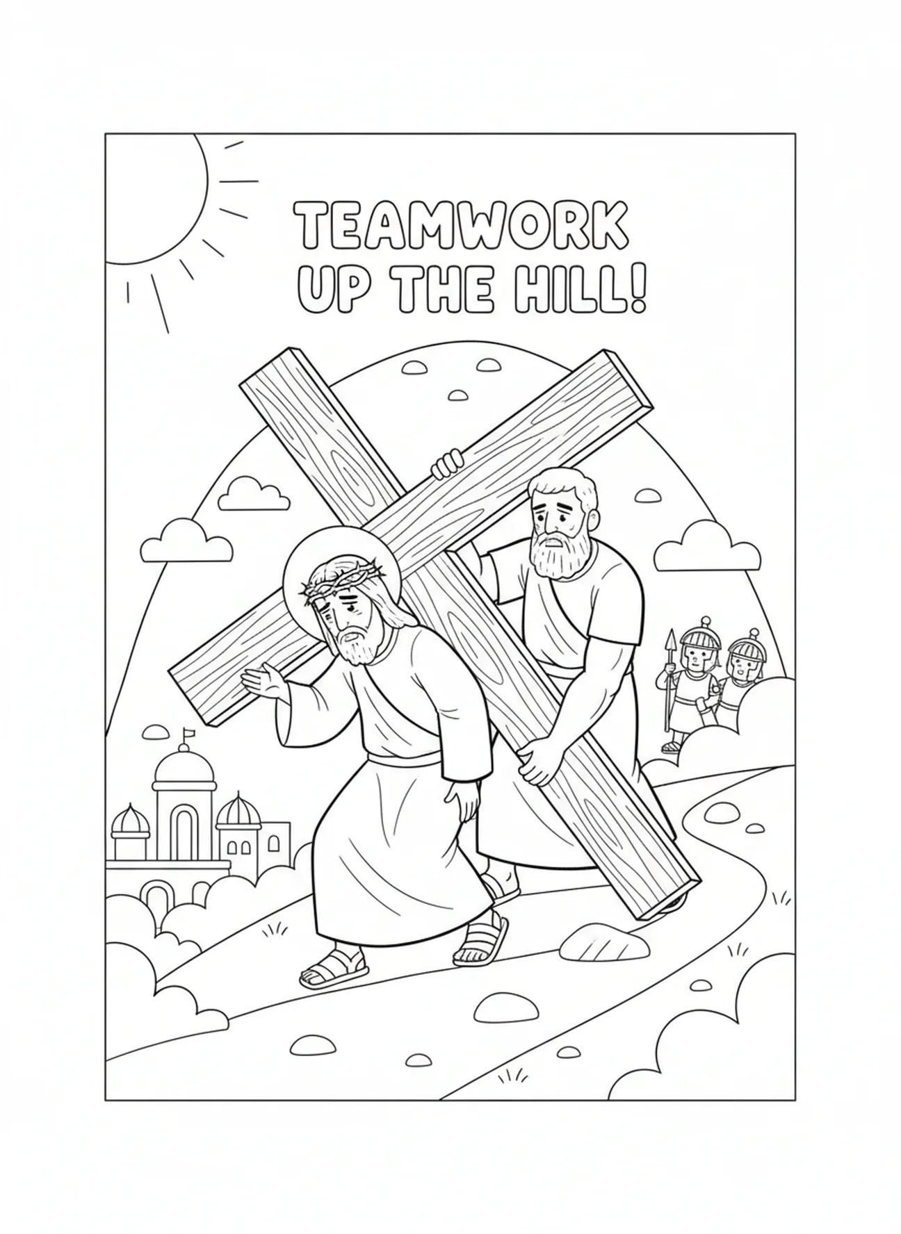Simon aidant Jésus avec la croix, page à colorier des Stations de la Croix 13 pour les enfants de 5 à 10 ans