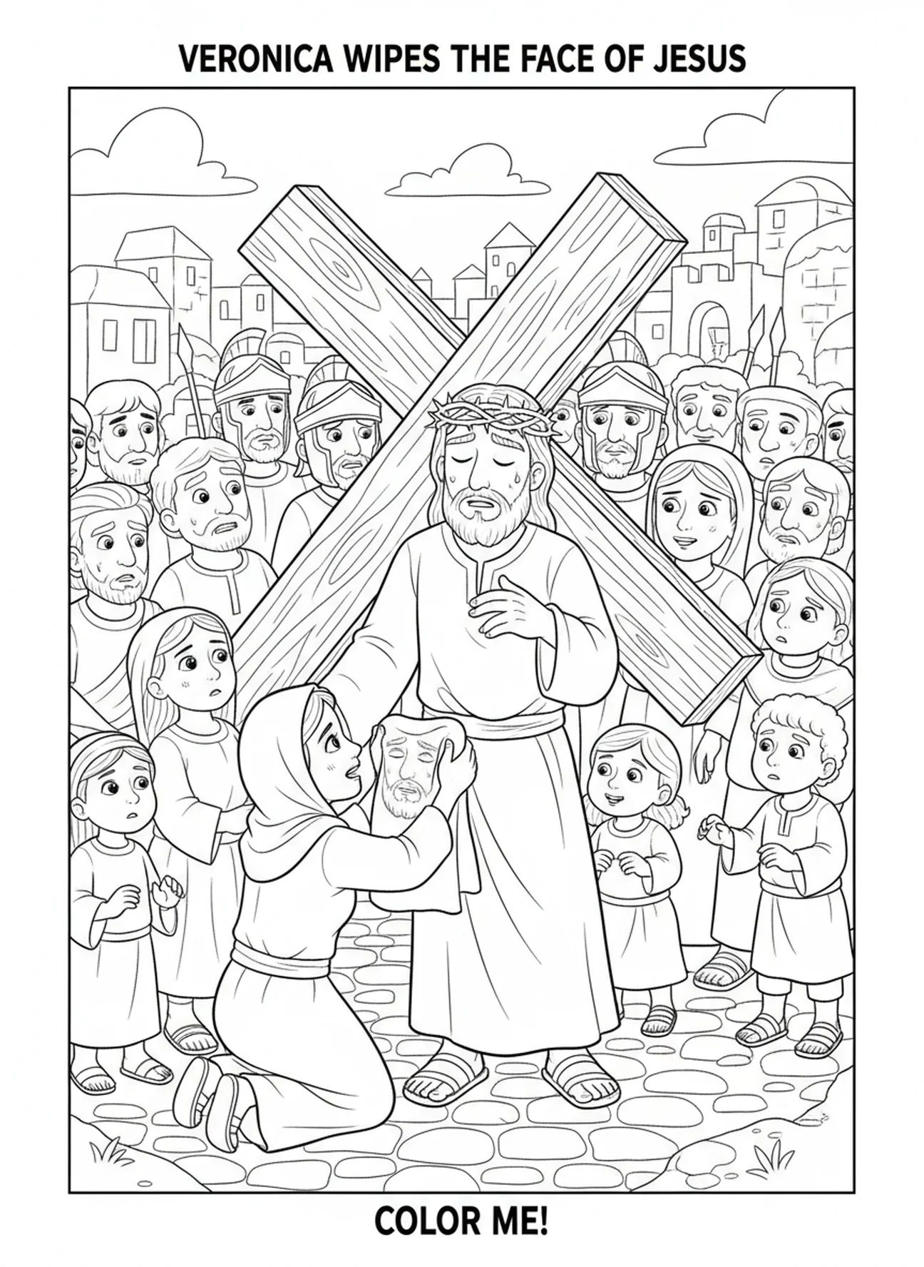 Véronique essuyant le visage de Jésus, page à colorier des Stations de la Croix 13 pour les enfants de 5 à 10 ans