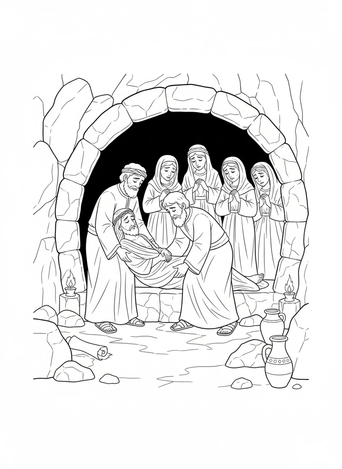 Beerdigung von Jesus, Stationskreuz 13 Malvorlage für Sonntagsschulkinder im Alter von 5-12 Jahren
