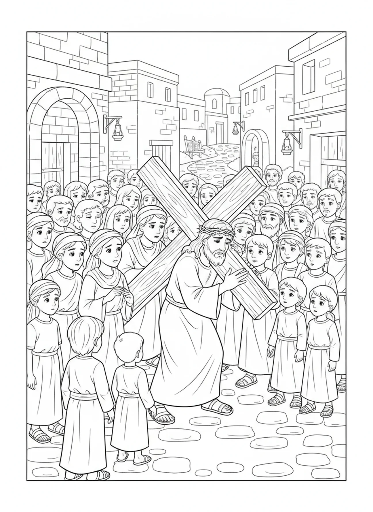 Menschenmenge beobachtet Jesus, Ausmalbild Stationen des Kreuzwegs 13 für die Sonntagsschule Kinder im Alter von 5-12 Jahren