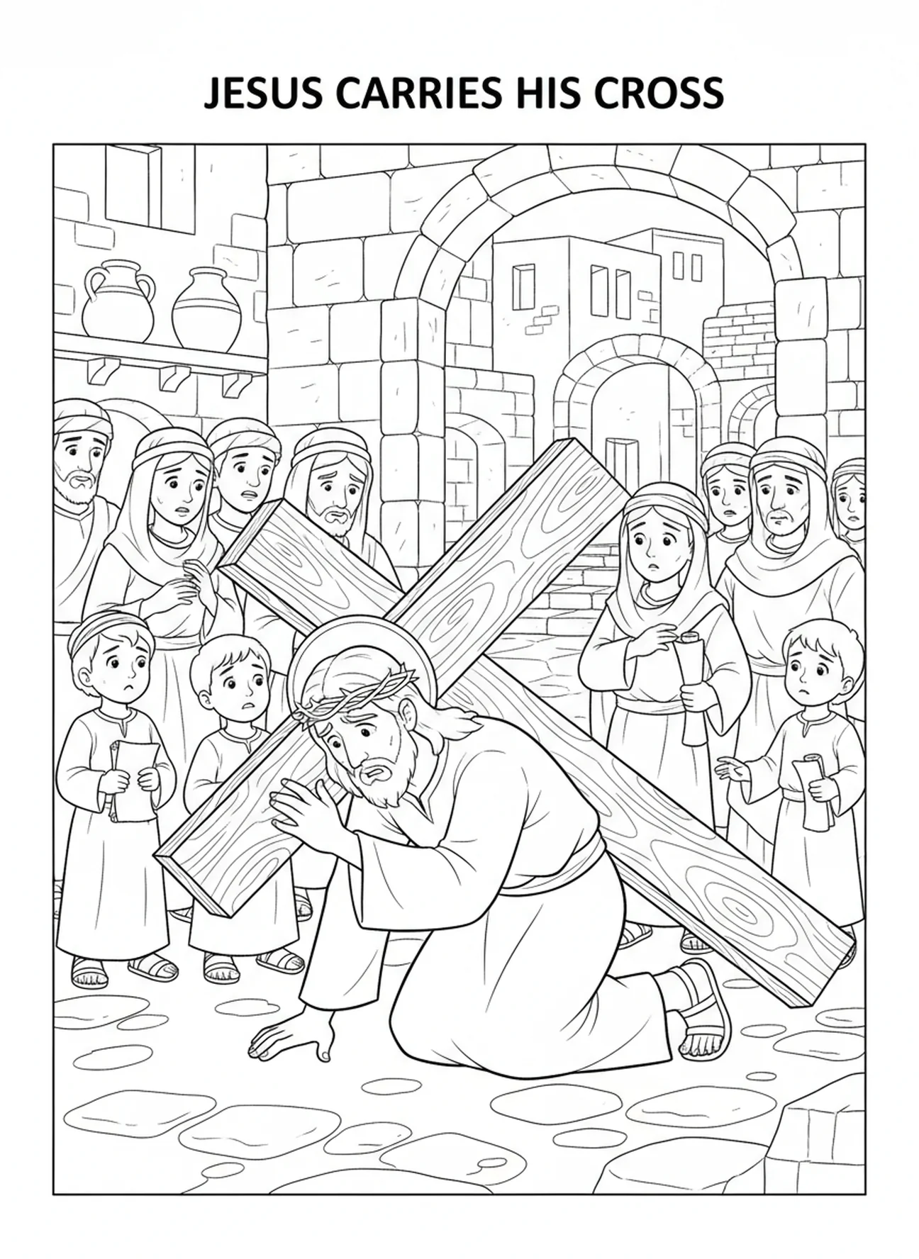 Jesus fällt unter dem Kreuz, Ausmalbild der 13. Station des Kreuzwegs für Kinder in der Sonntagsschule im Alter von 5-12 Jahren