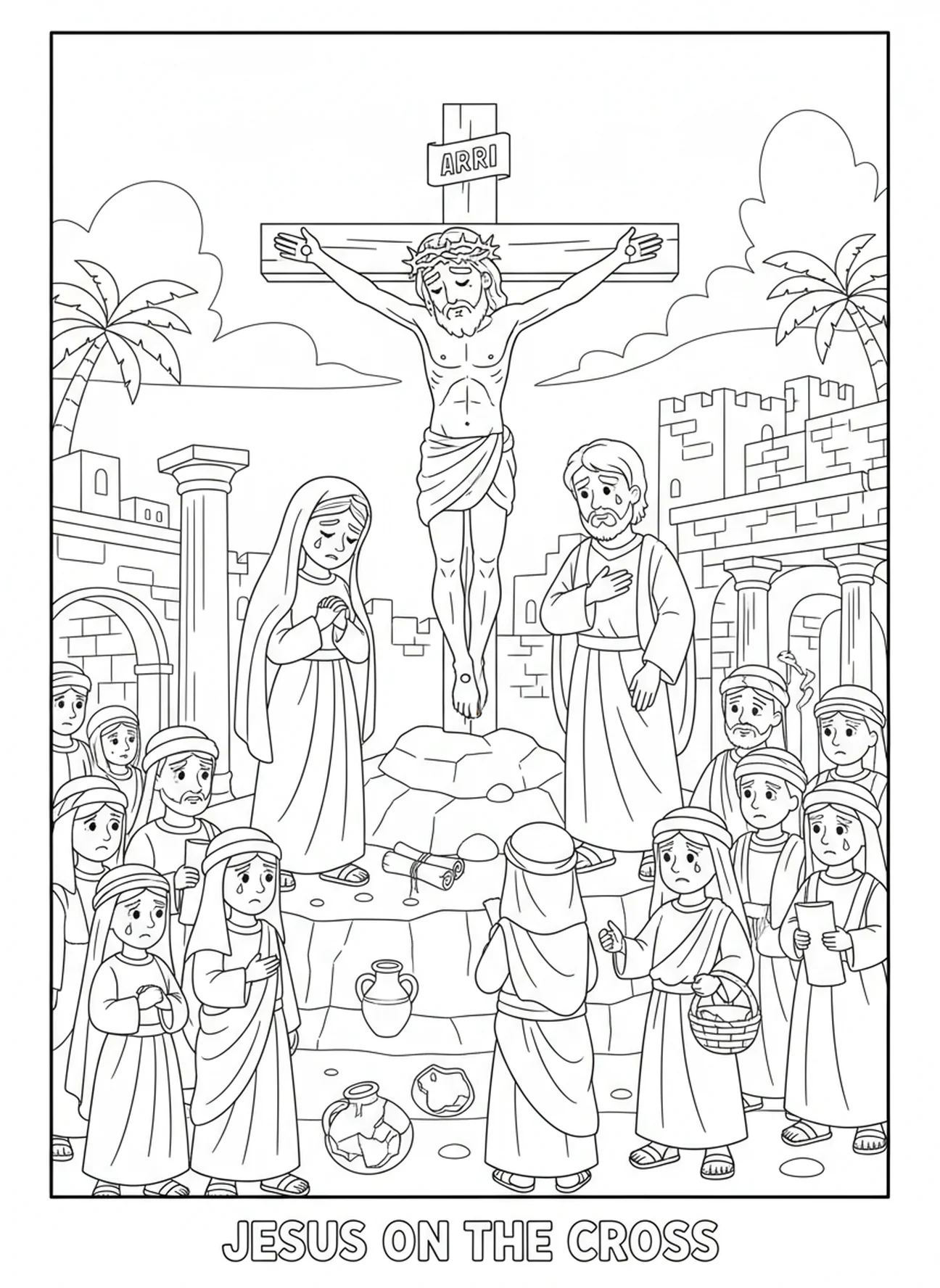Jesus am Kreuz, Ausmalbild Stationen des Kreuzes 13 für Sonntagsschulkinder im Alter von 5-12 Jahren