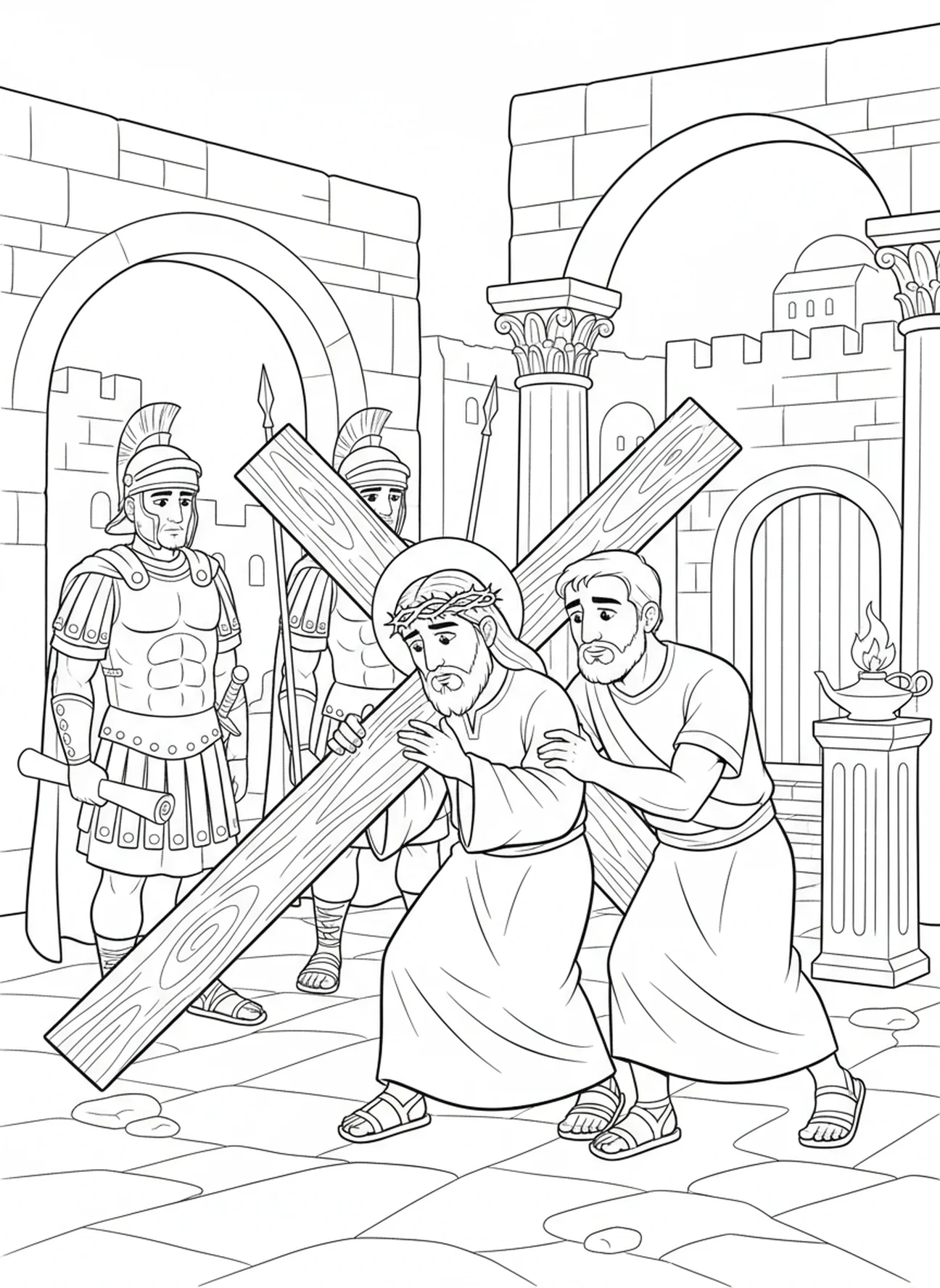 Simon hilft Jesus, Ausmalbild Stationen des Kreuzes 13 für die Sonntagsschule Kinder im Alter von 5-12 Jahren