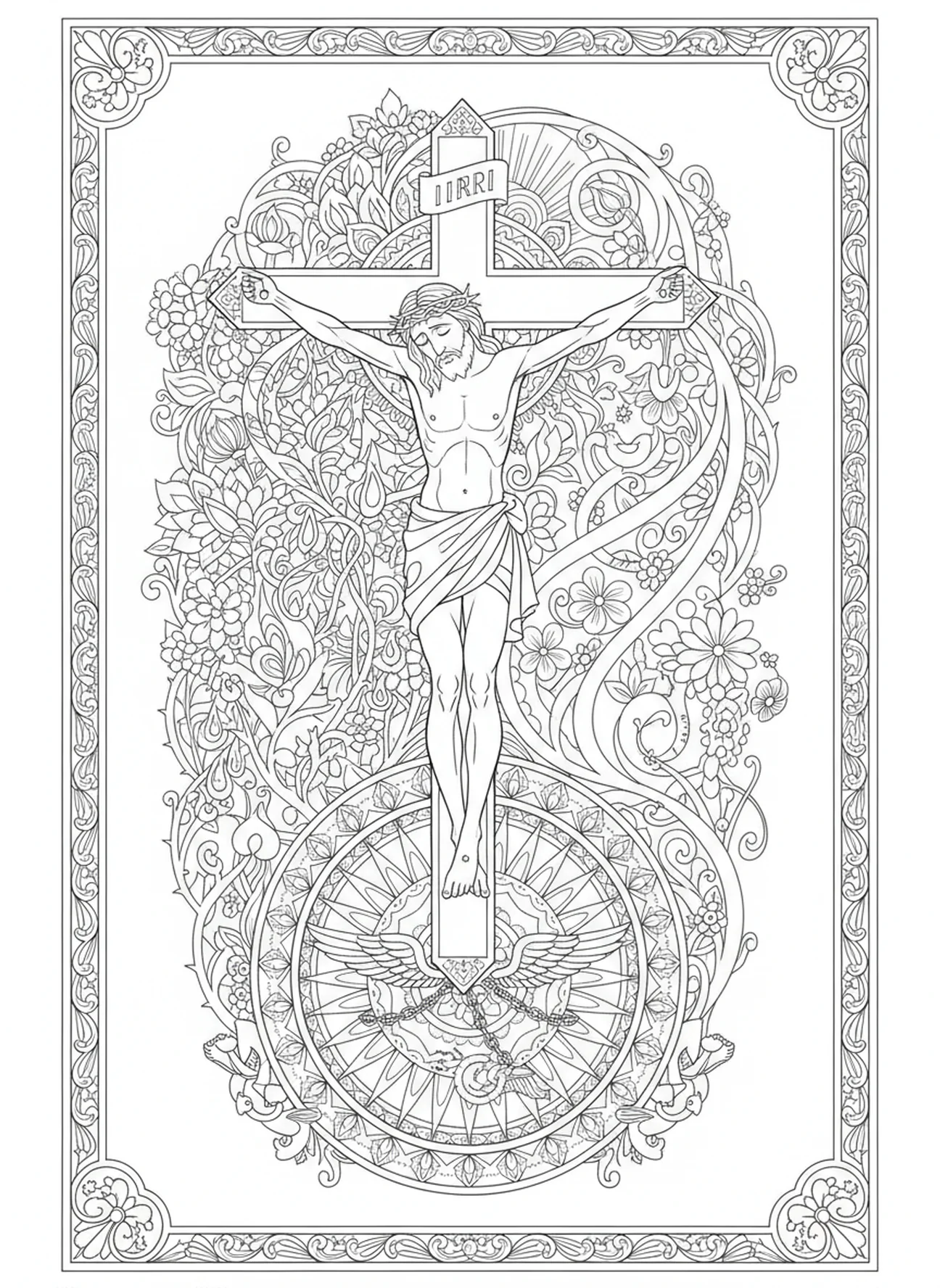 Jesus expirando seu último suspiro, página de colorir Estações da Cruz 14 para adultos no estilo de journaling bíblico