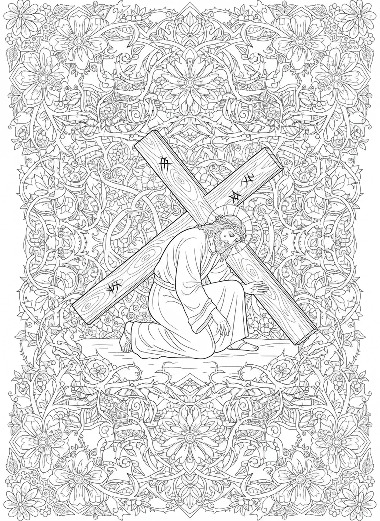 Jesus caindo sob a cruz, página para colorir da Via Crucis 14 para adultos no estilo de journaling bíblico