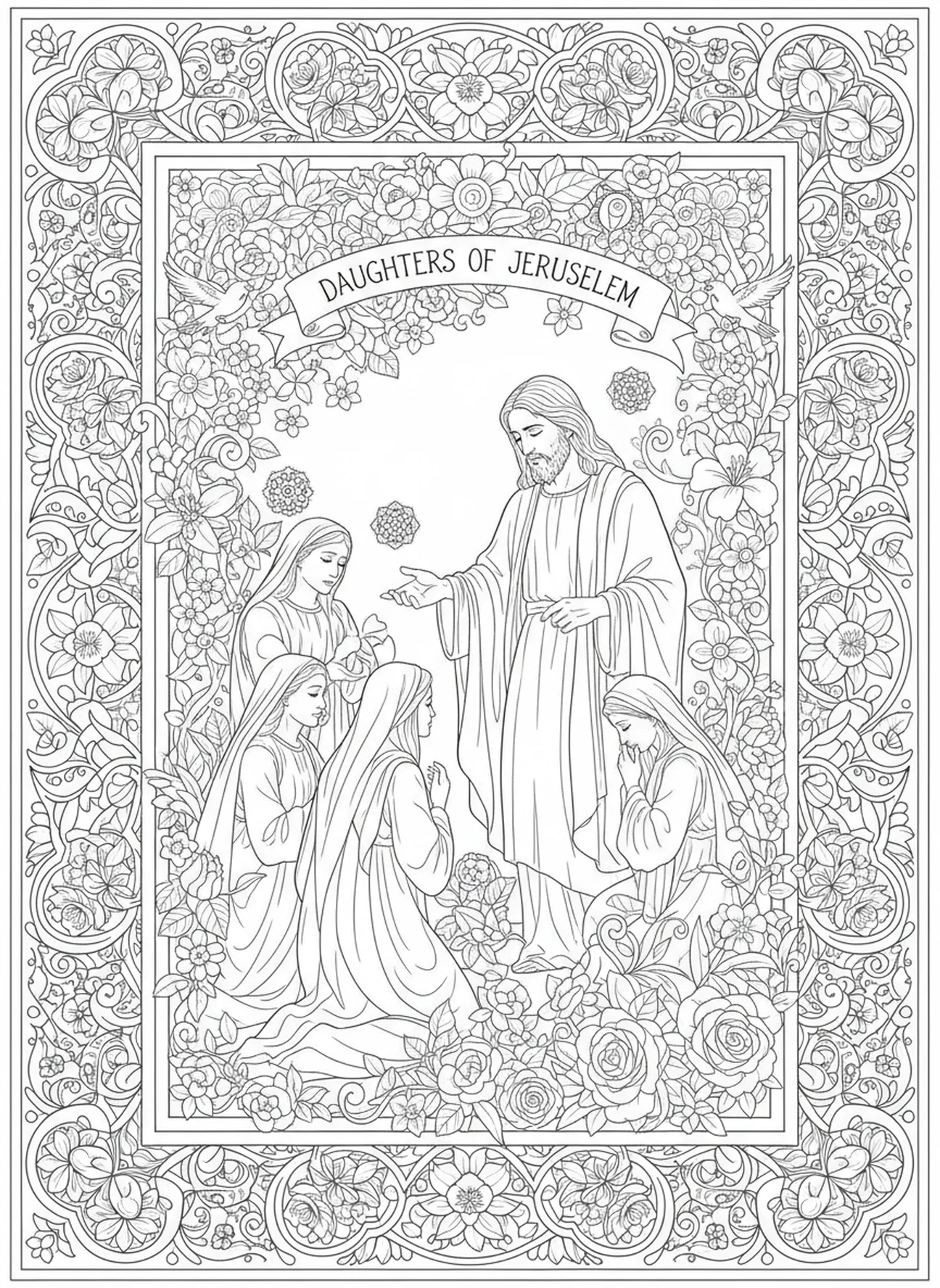 Jesus falando com as mulheres, página para colorir da 14ª Estação da Cruz no estilo de journaling bíblico para adultos