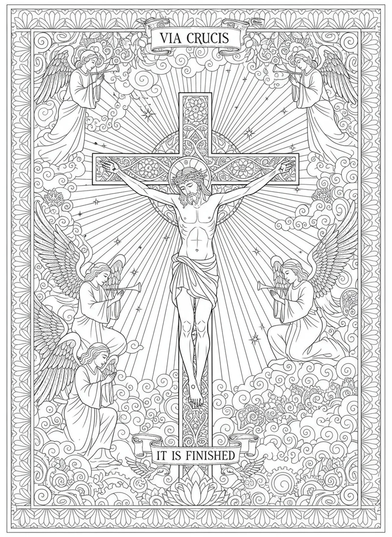 Jesus na cruz, página de colorir da Via Crucis 14 para adultos no estilo de journaling bíblico