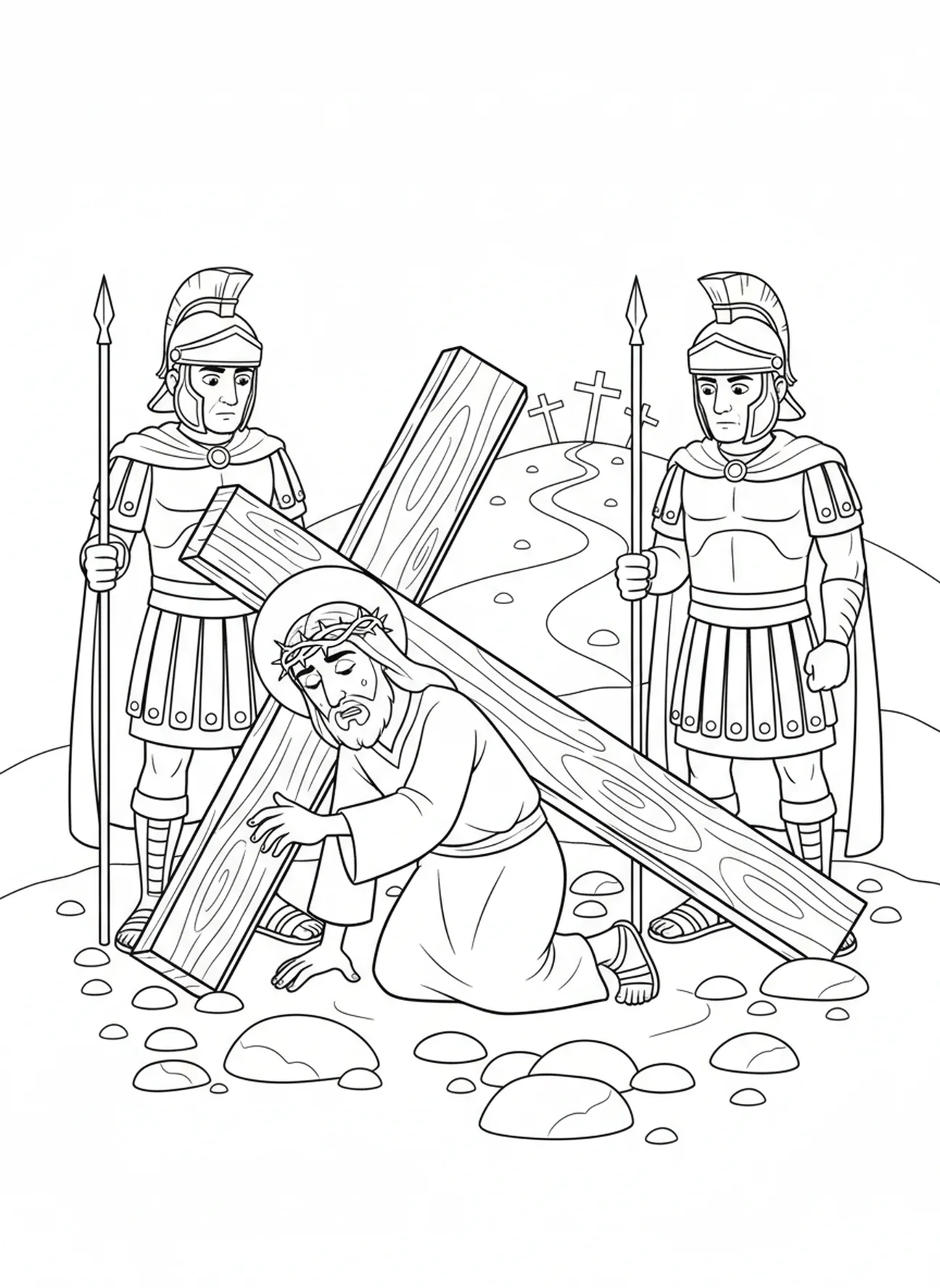 Jesús cae bajo la cruz, página para colorear de las 14 estaciones de la cruz para niños de 5 a 10 años