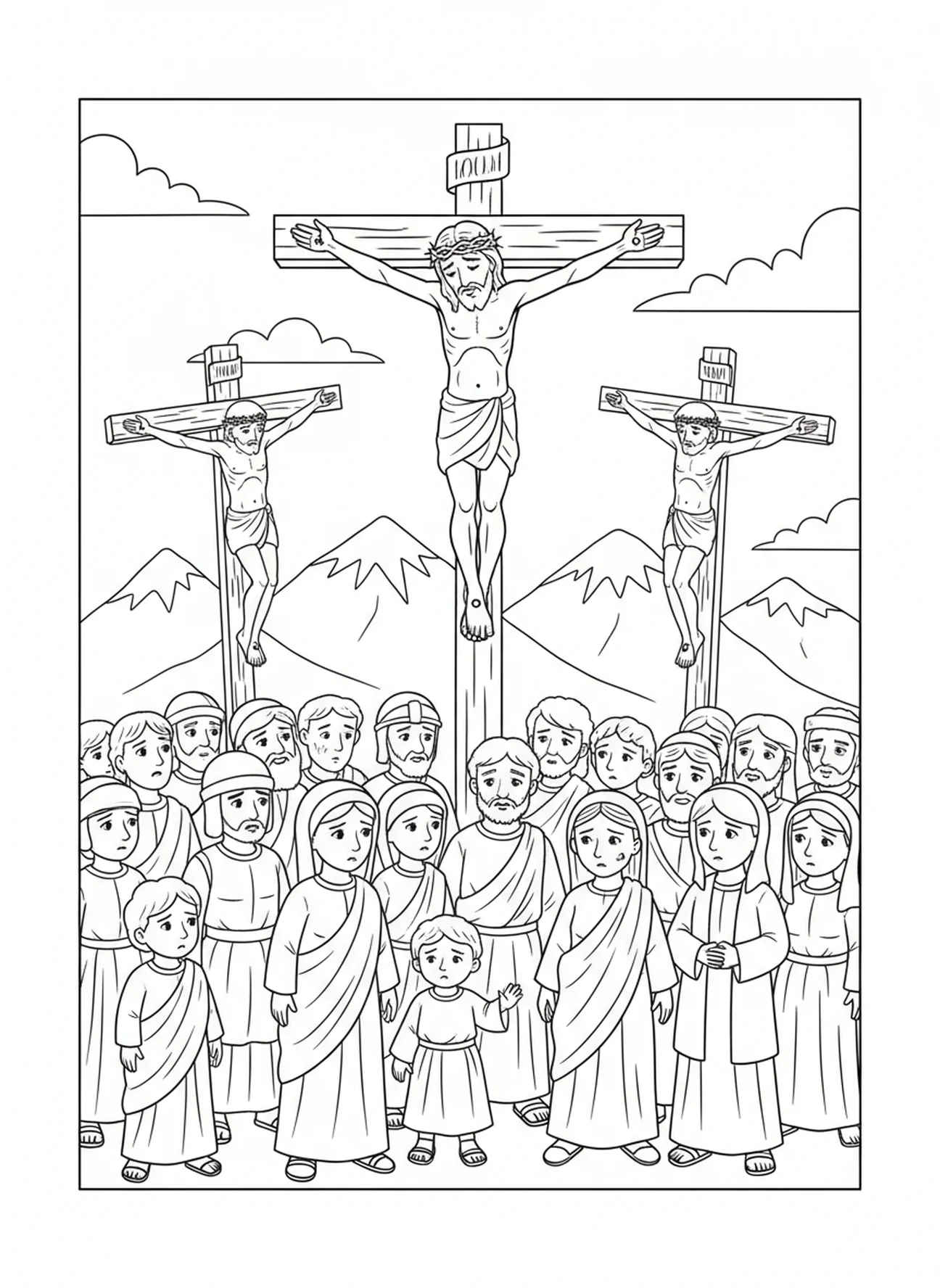 Jesús en la cruz, página para colorear de las 14 estaciones de la cruz para niños de 5 a 10 años
