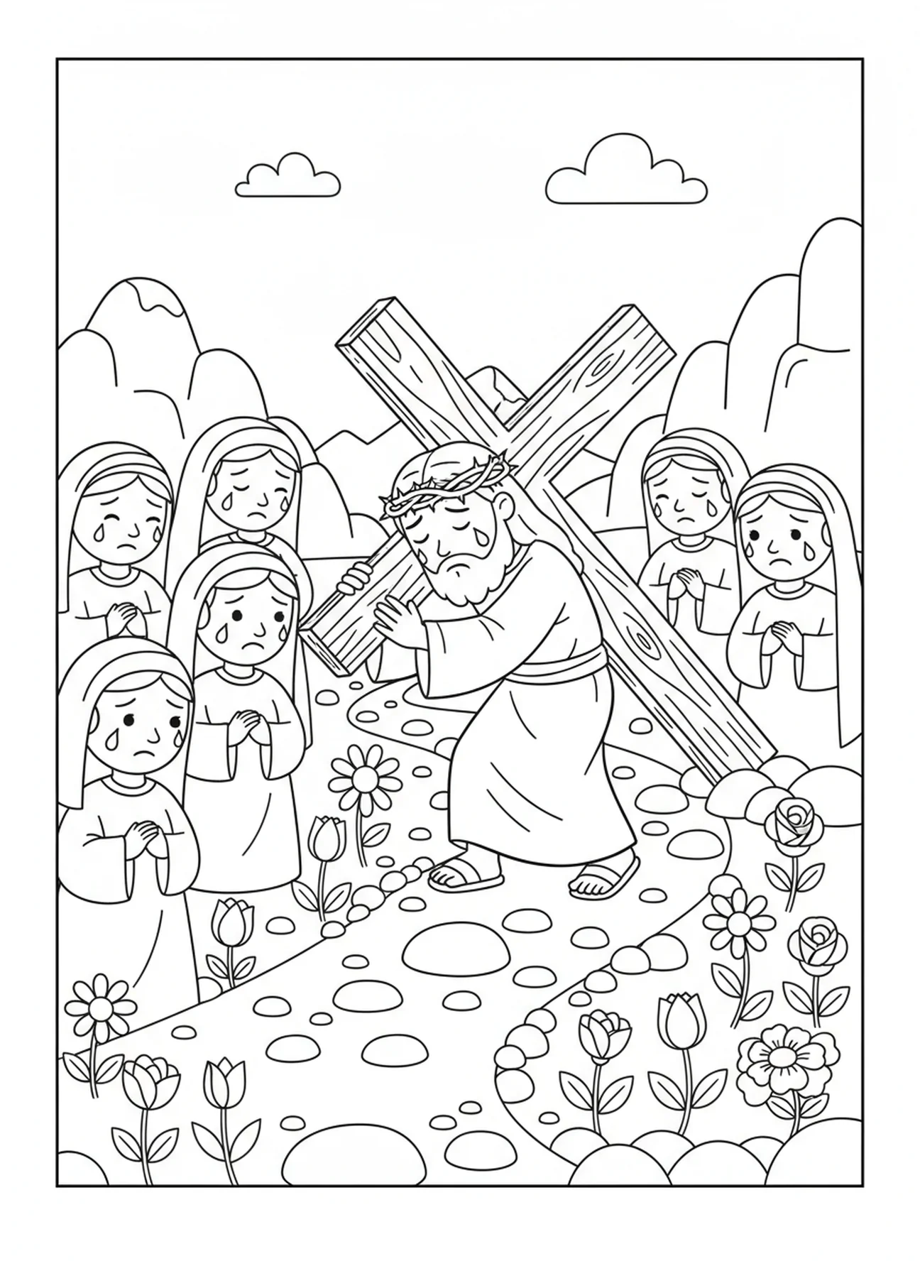 Mujeres llorando por Jesús, página para colorear de las Estaciones de la Cruz 14 para niños de 5 a 10 años