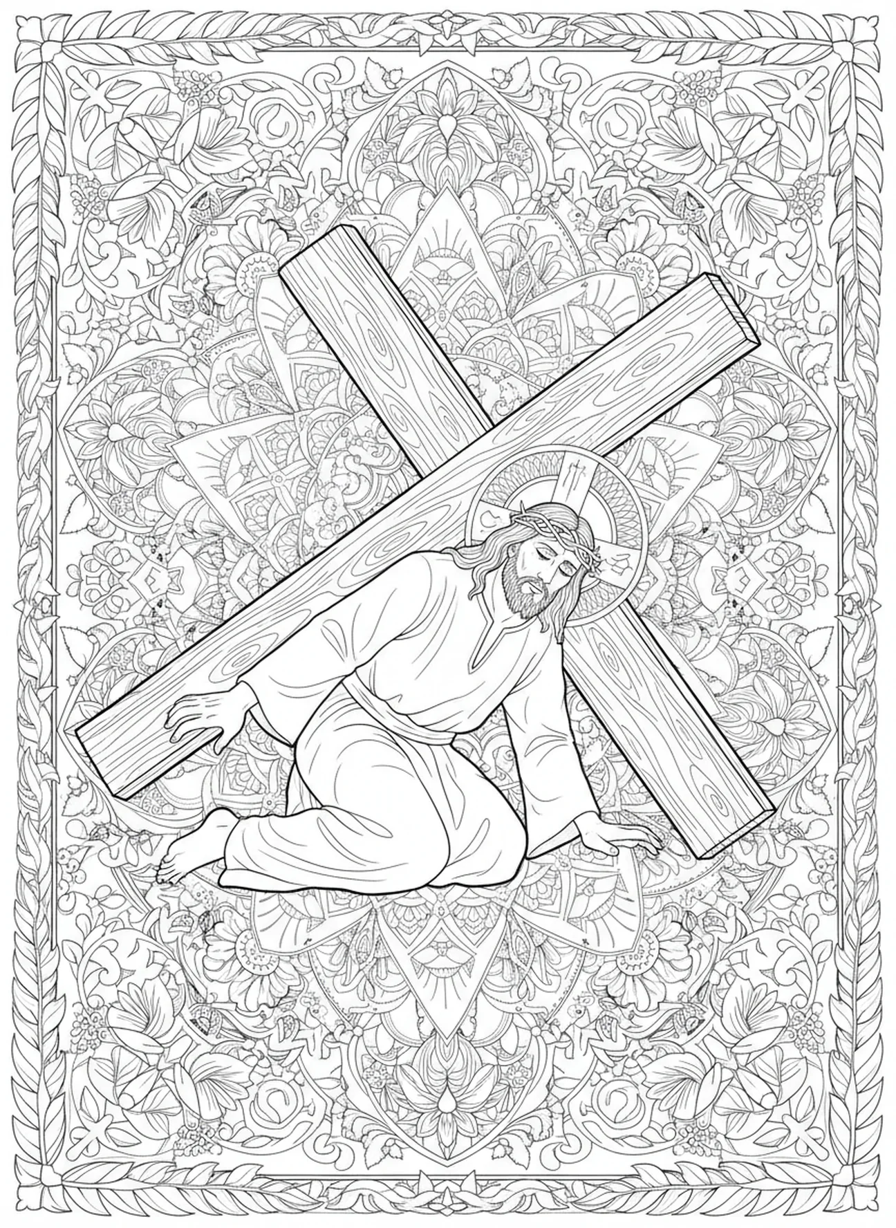 Jezus upadający pod krzyżem, kolorowanka Stacji Krzyżowej 2 w stylu dziennika biblijnego dla dorosłych.