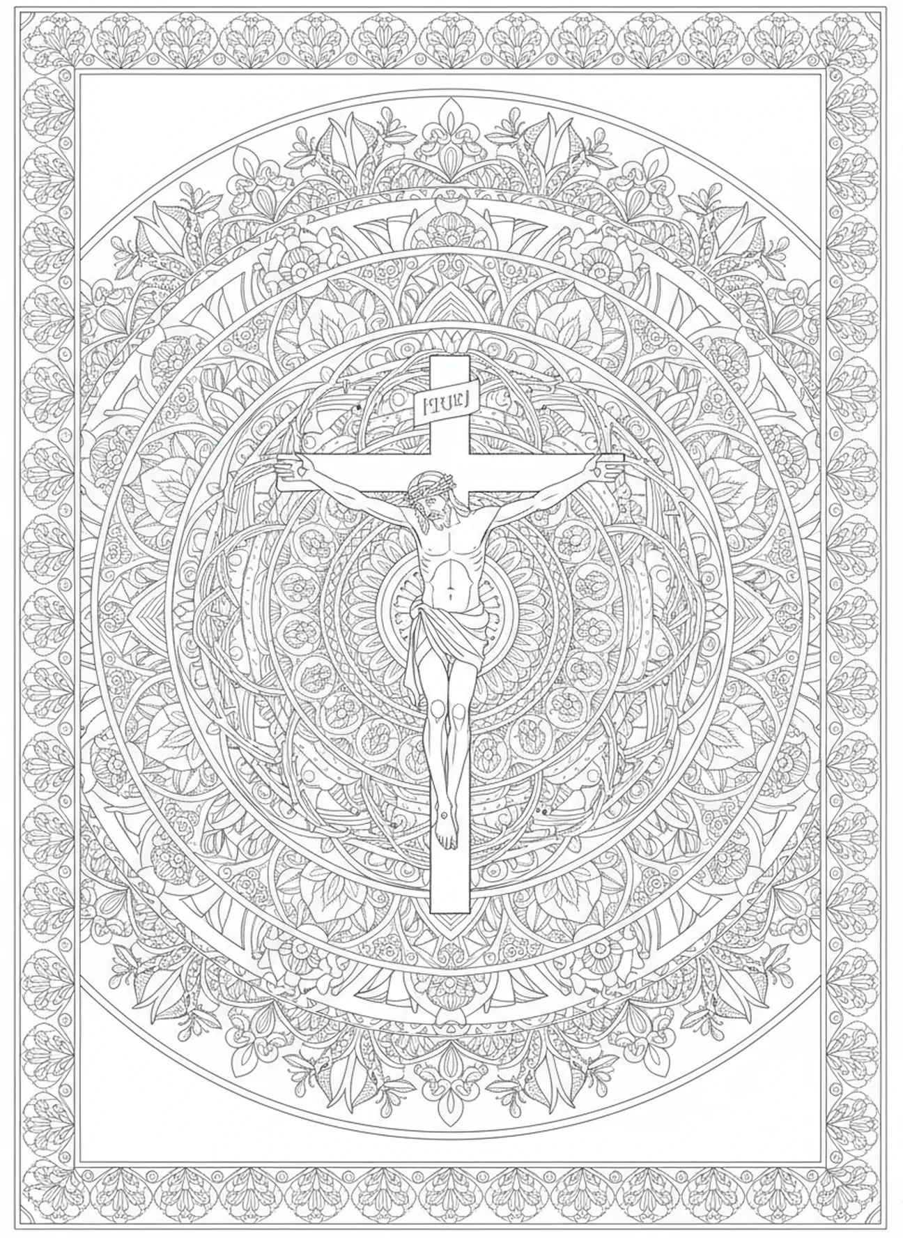 Jezus na krzyżu, kolorowanka Stacje Krzyżowe 2 dla dorosłych w stylu dziennika biblijnego.