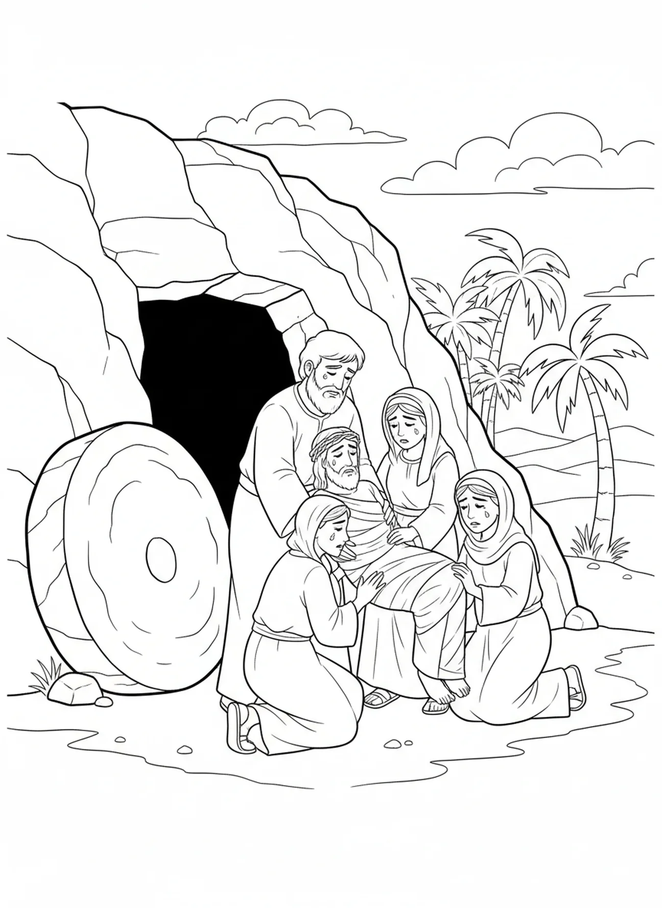 Jésus étant enseveli, page à colorier des Stations de la Croix 2 pour les enfants de 5 à 10 ans.
