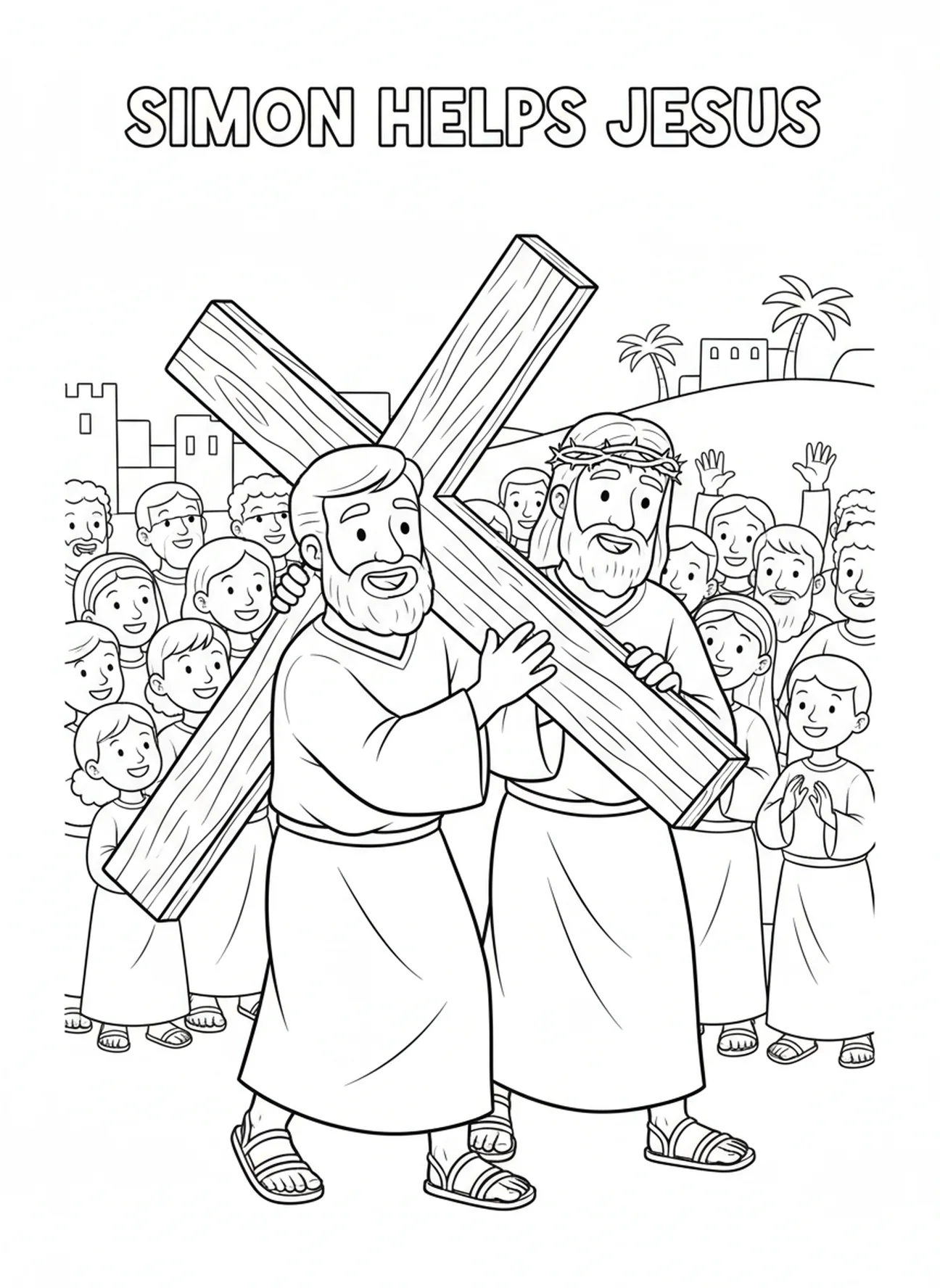 Simon aidant Jésus, page à colorier des Stations de la Croix 2 pour les enfants de 5 à 10 ans.