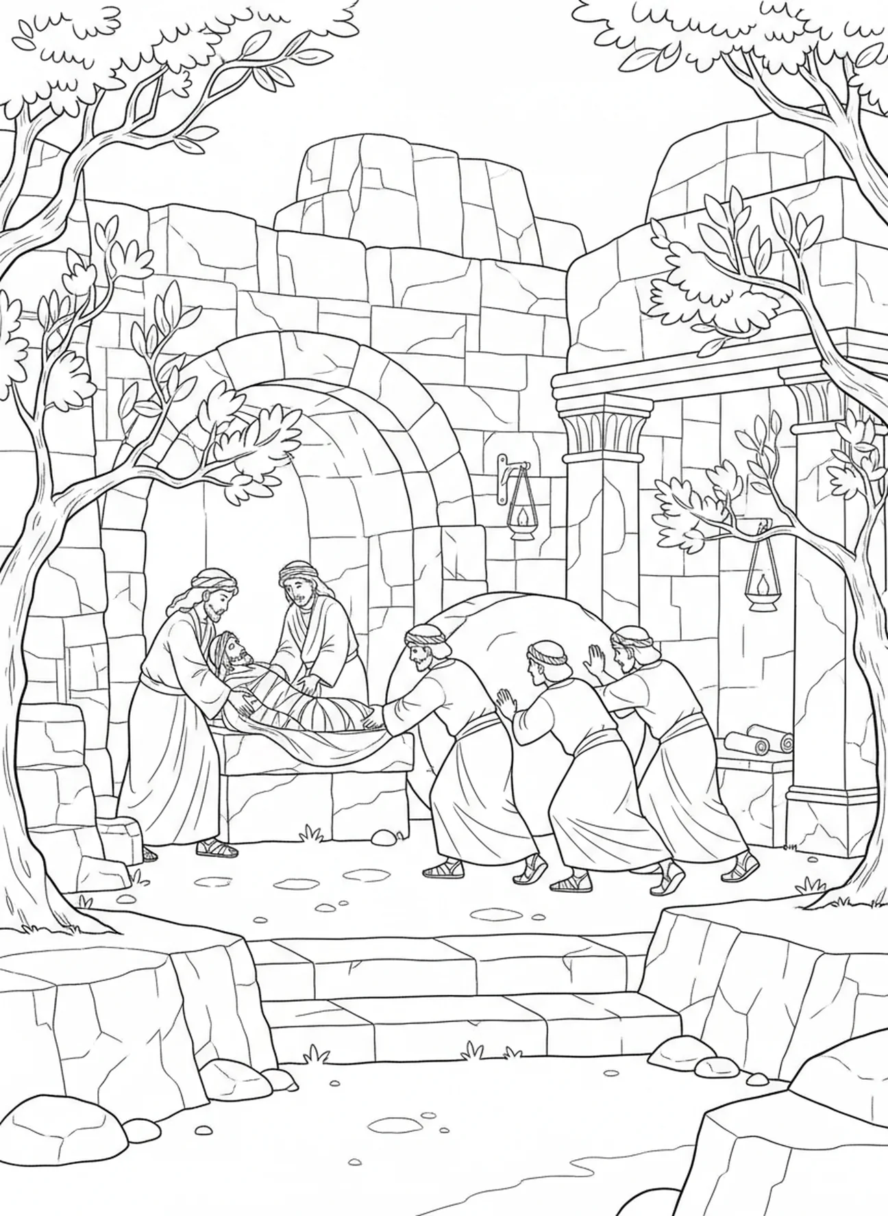 Jesus wird in das Grab gelegt, Ausmalbild der Kreuzwegstation 2 für Sonntagsschulkinder im Alter von 5-12 Jahren.