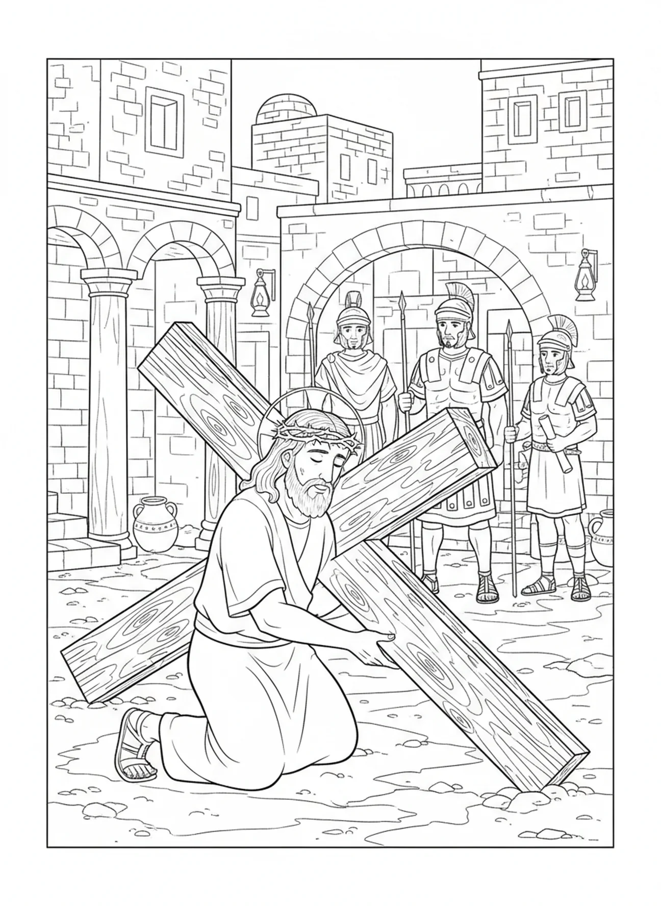 Jesus kämpft, um das Kreuz zu heben, Ausmalbild der Kreuzwegstation 2 für Sonntagsschulkinder im Alter von 5-12 Jahren.