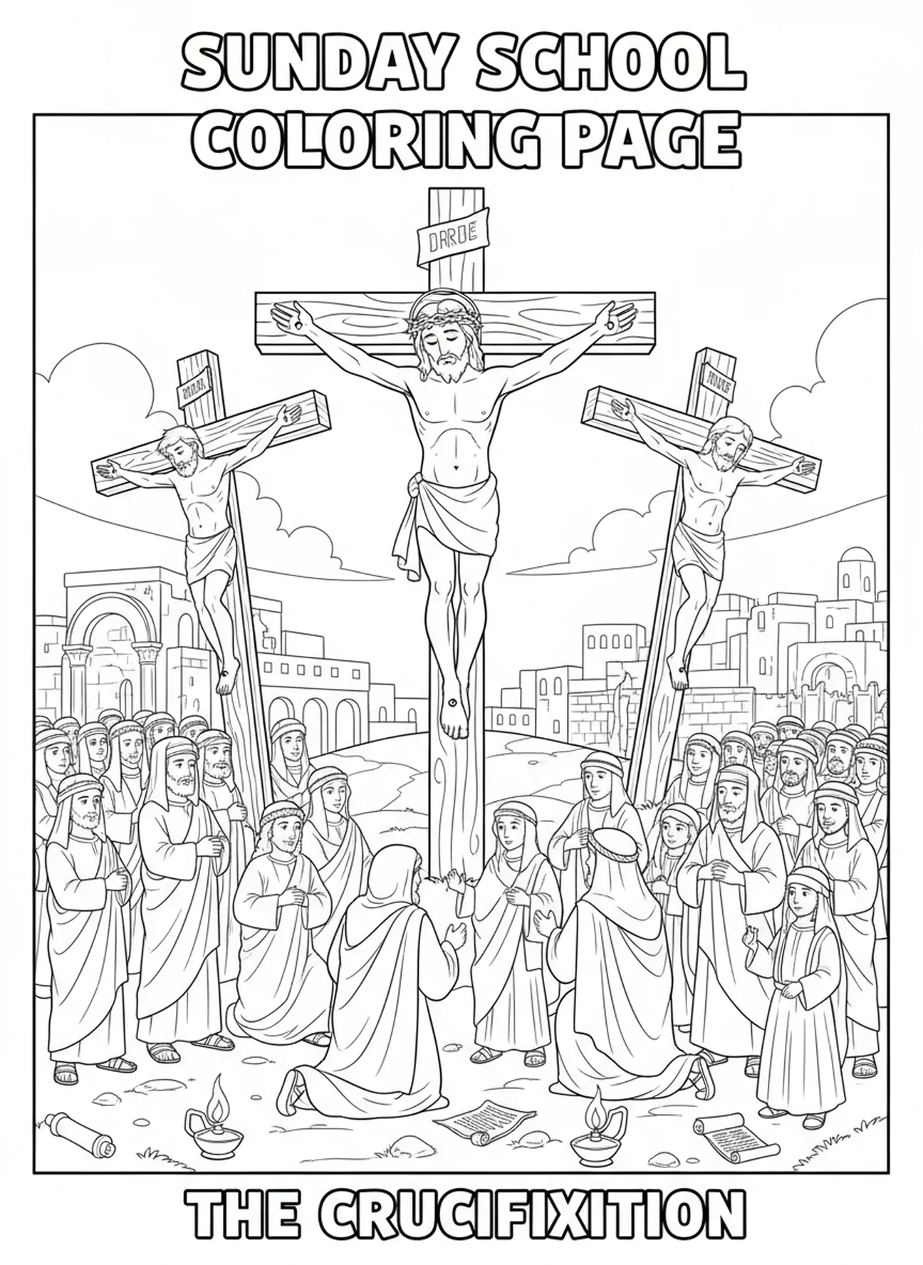 Jesus am Kreuz mit den Dieben, Ausmalbild Stationen des Kreuzes 2 für die Sonntagsschule für Kinder im Alter von 5-12 Jahren.