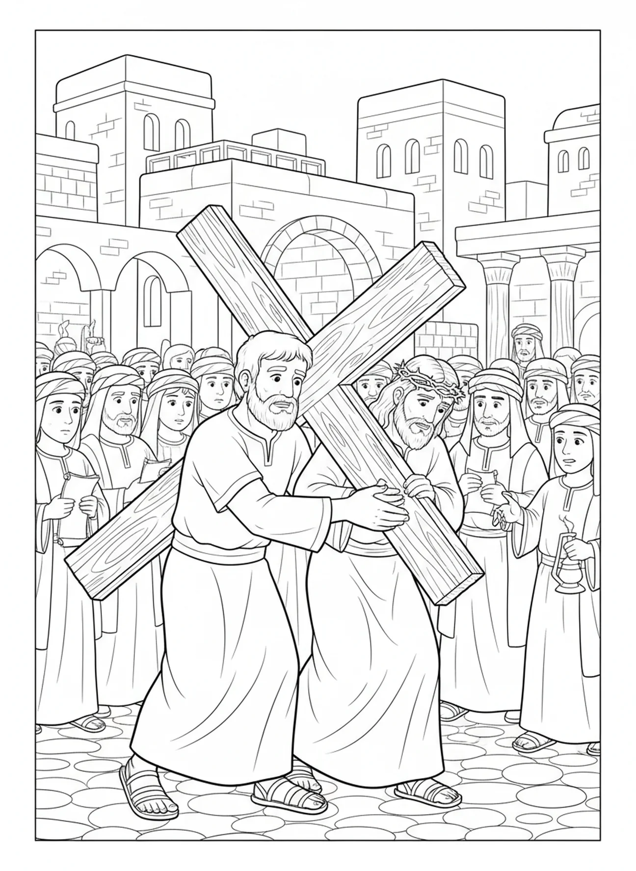 Simon hilft Jesus das Kreuz tragen, Ausmalbild für die zweite Station des Kreuzwegs für Kinder in der Sonntagsschule im Alter von 5-12 Jahren.