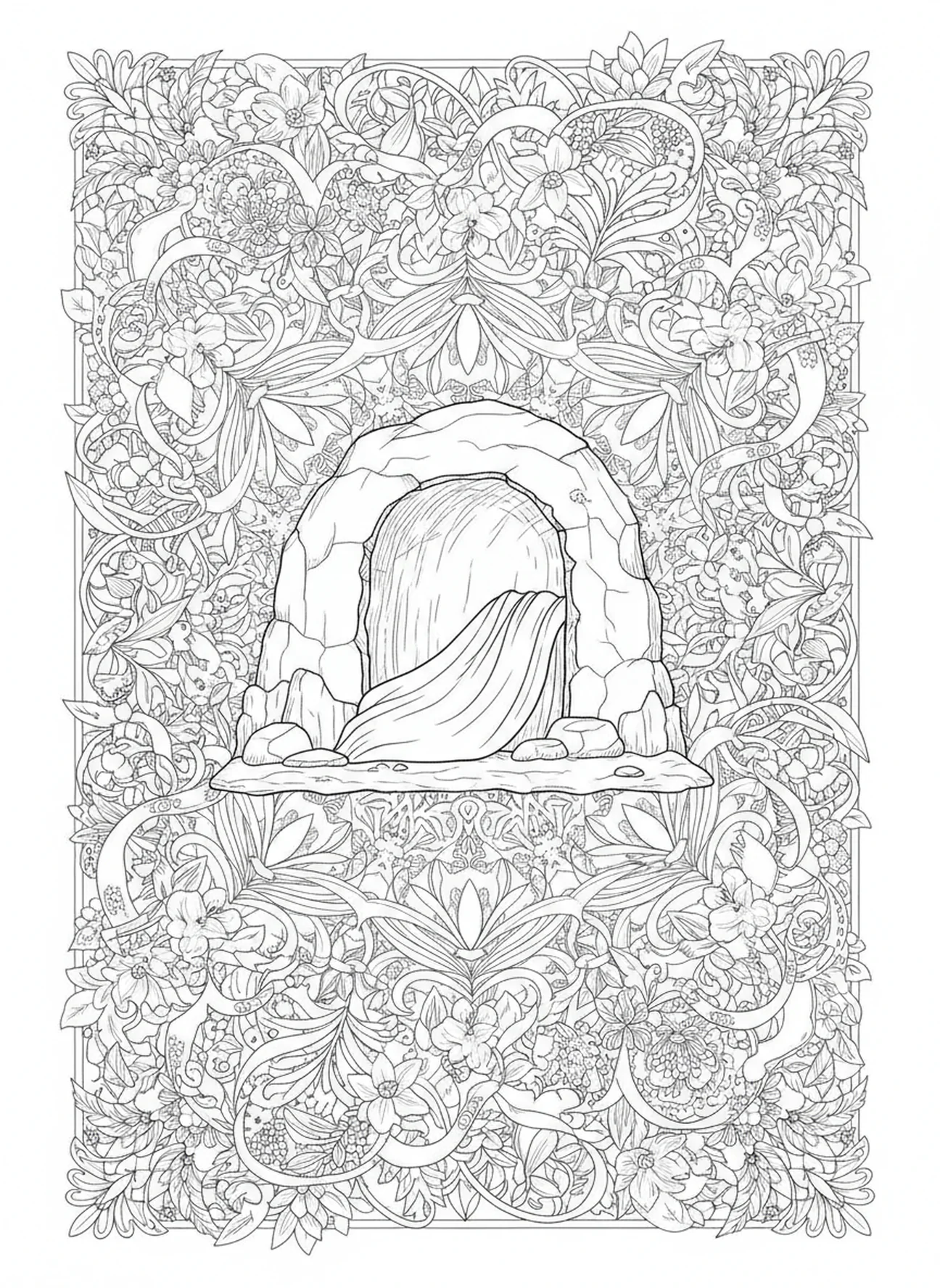 Jesus im Grab, Ausmalbild für Erwachsene im Stil des Bibel-Journaling, Stationen des Kreuzes 3.
