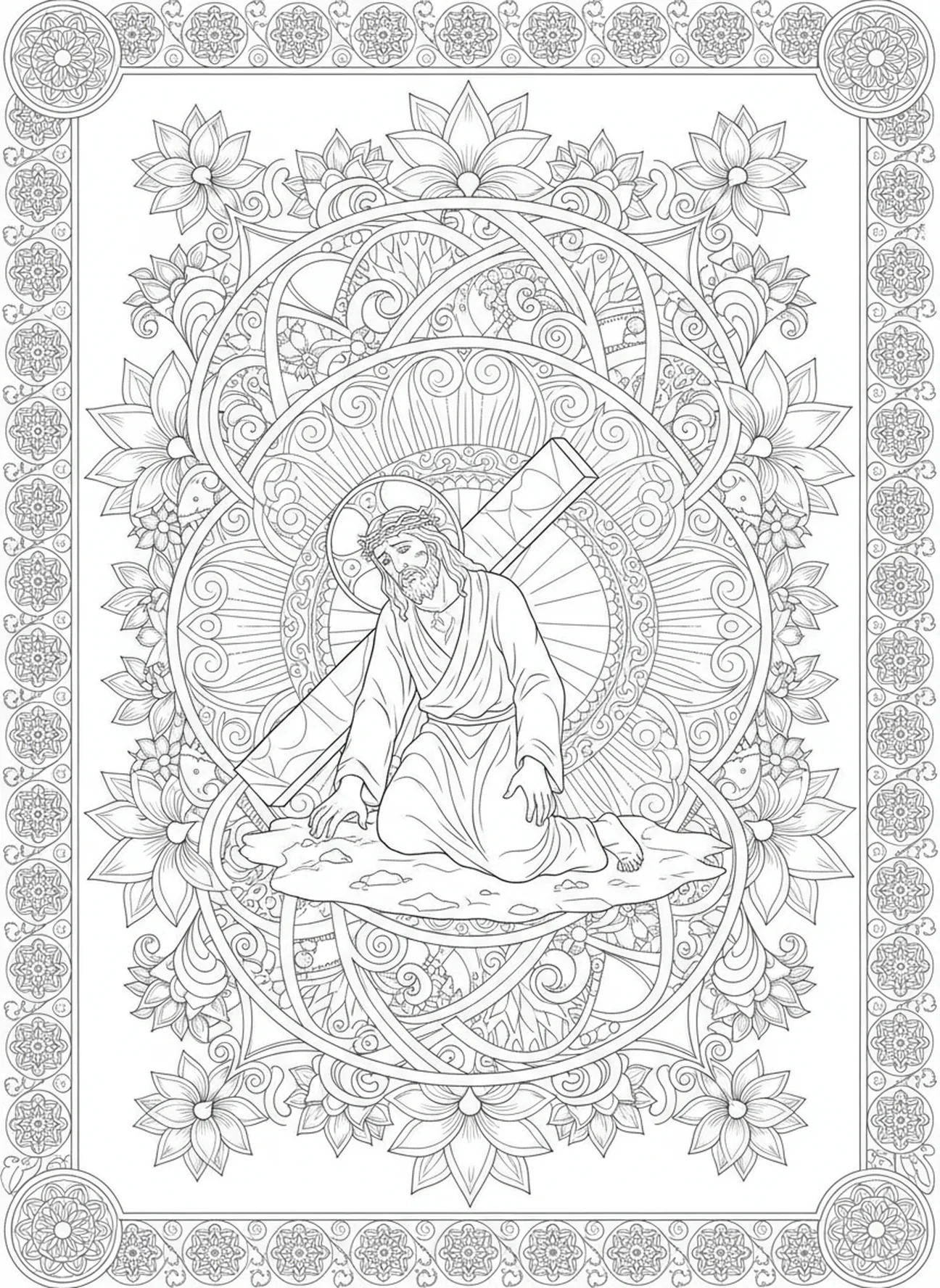 Jesus fällt zum dritten Mal, Ausmalbild für Erwachsene im Stil des Bibeljournaling zur dritten Station des Kreuzwegs.