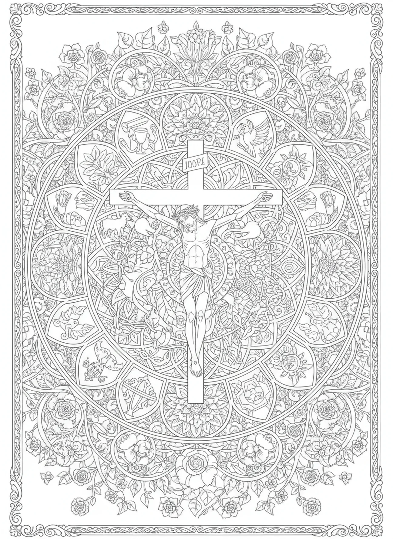 Jesus am Kreuz, Stationskreuz 3 Ausmalbild für Erwachsene im Stil des Bibel-Journalings.