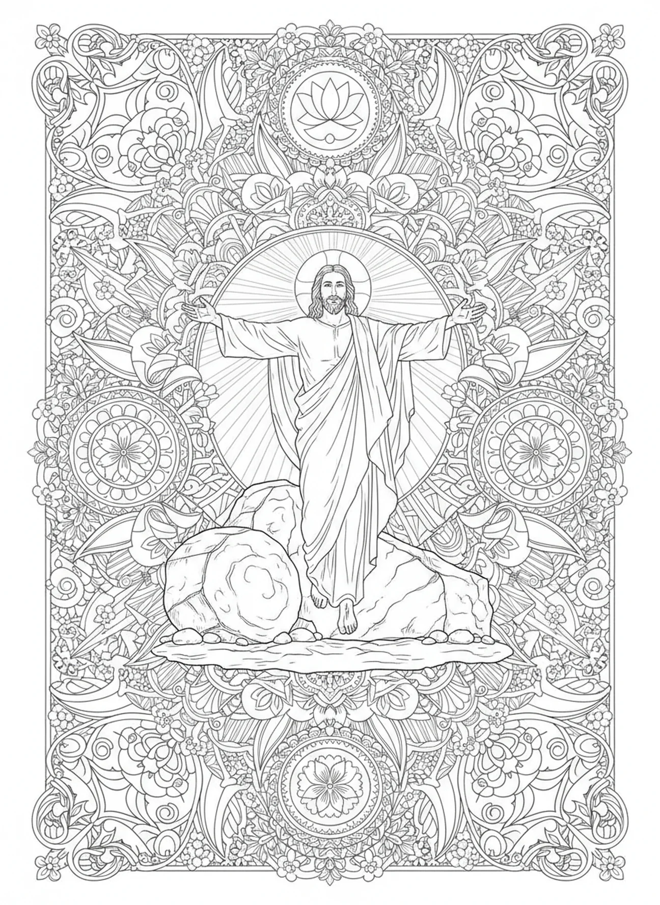 Die Auferstehung Jesu, Kreuzweg Station 3 Ausmalbild für Erwachsene im Bibel-Journaling-Stil.