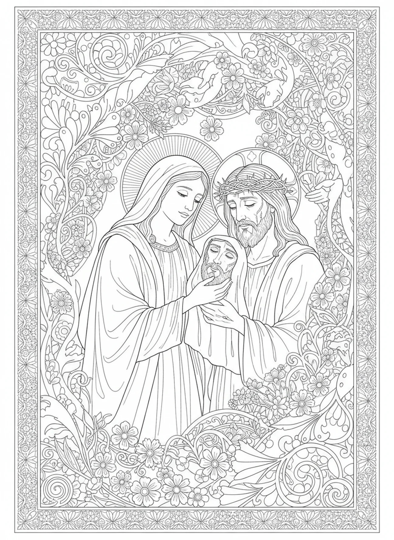 Veronika wischt Jesu Gesicht ab, Ausmalbild für Erwachsene zur dritten Station des Kreuzwegs im Bibel-Journaling-Stil.