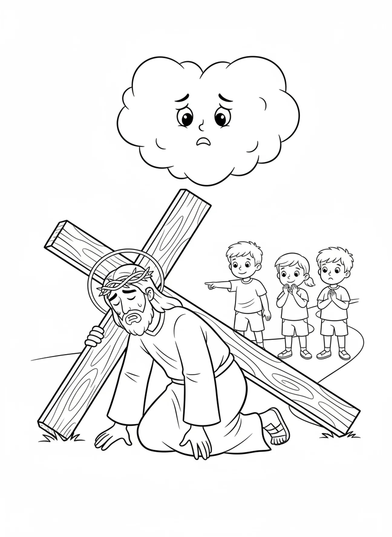 Jésus tombant sous la croix, coloriage de la 3ème station du chemin de croix pour les enfants de 5 à 10 ans