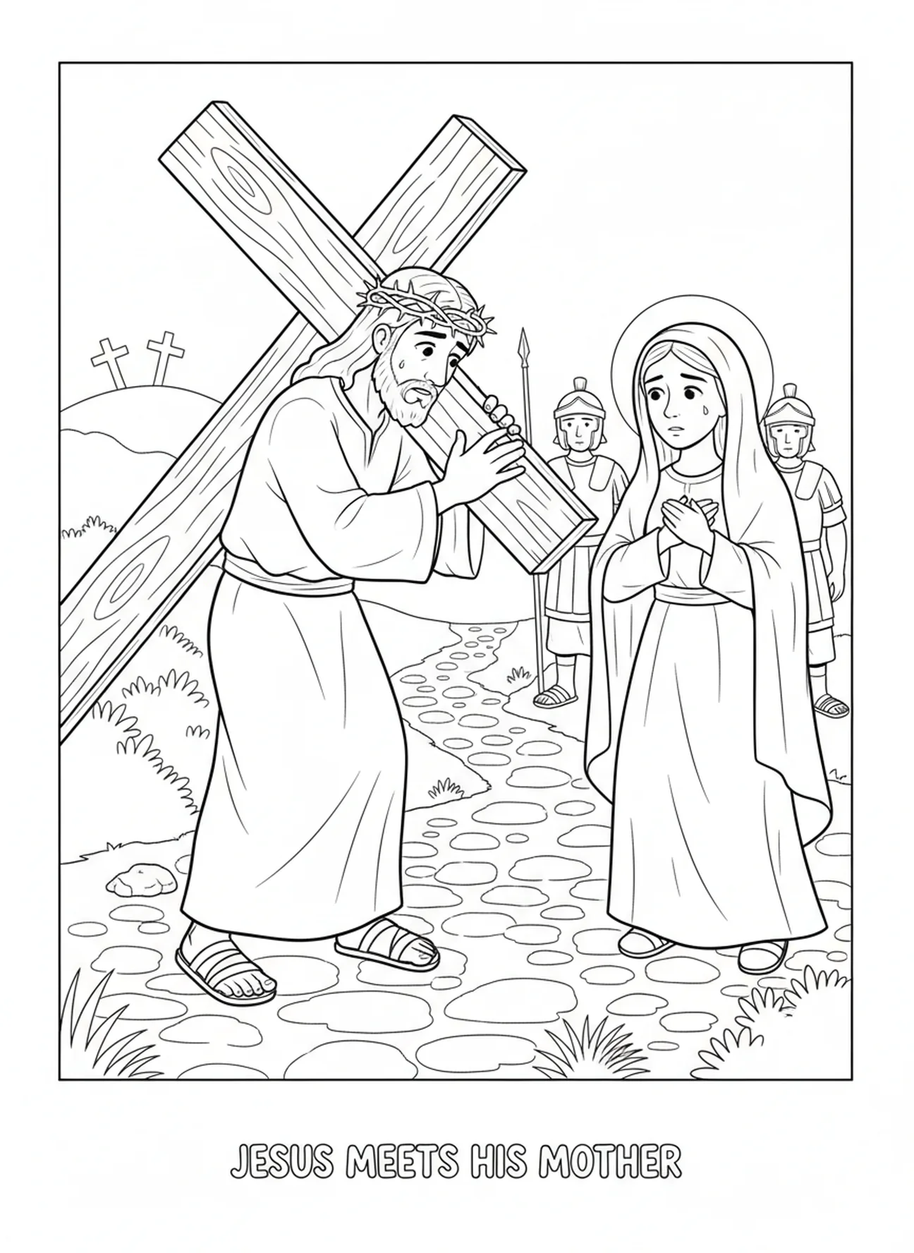 Jésus rencontre sa mère Marie, page à colorier des Stations de la Croix 3 pour les enfants de 5 à 10 ans