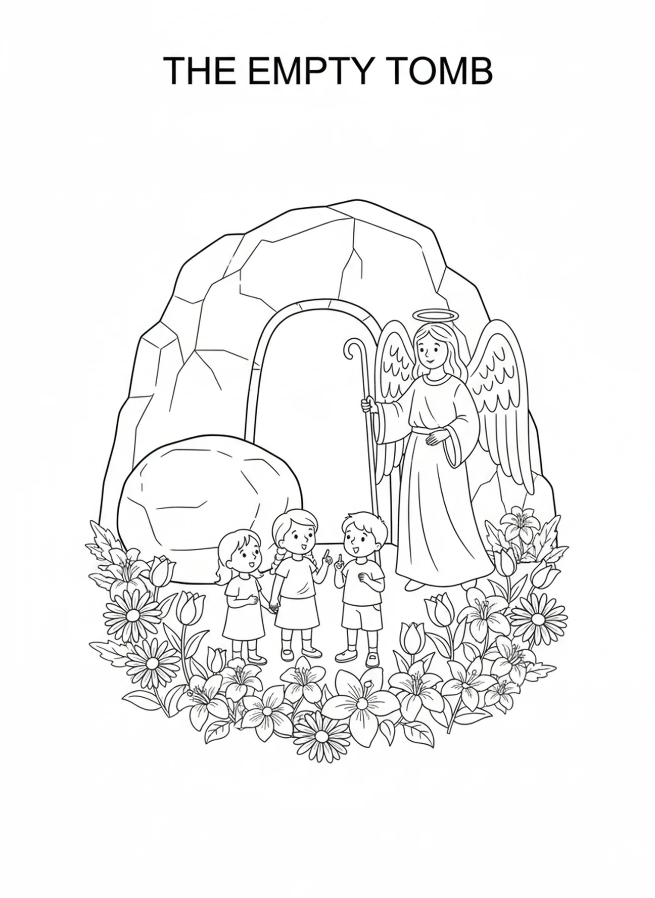 Le tombeau vide avec un ange, page à colorier des Stations de la Croix 3 pour les enfants de 5 à 10 ans