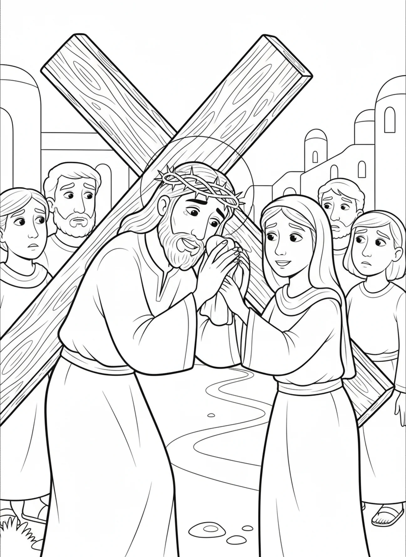 Véronique essuyant le visage de Jésus, page à colorier des Stations de la Croix pour les enfants de 5 à 10 ans