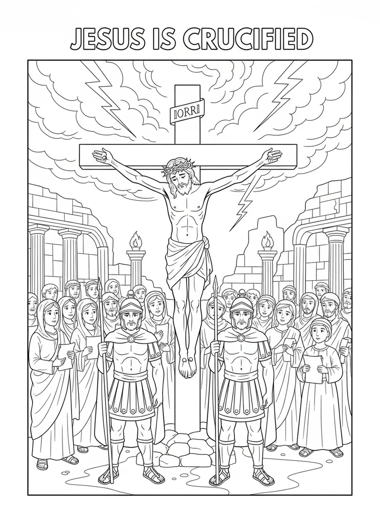 Jesus am Kreuz, Ausmalbild der 3. Station des Kreuzwegs für Kinder in der Sonntagsschule im Alter von 5-12 Jahren.