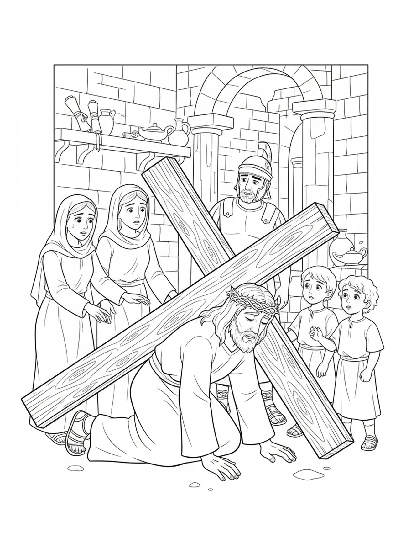 Jesus fällt unter dem Kreuz, Ausmalbild der 3. Station des Kreuzwegs für Sonntagsschulkinder im Alter von 5-12 Jahren.
