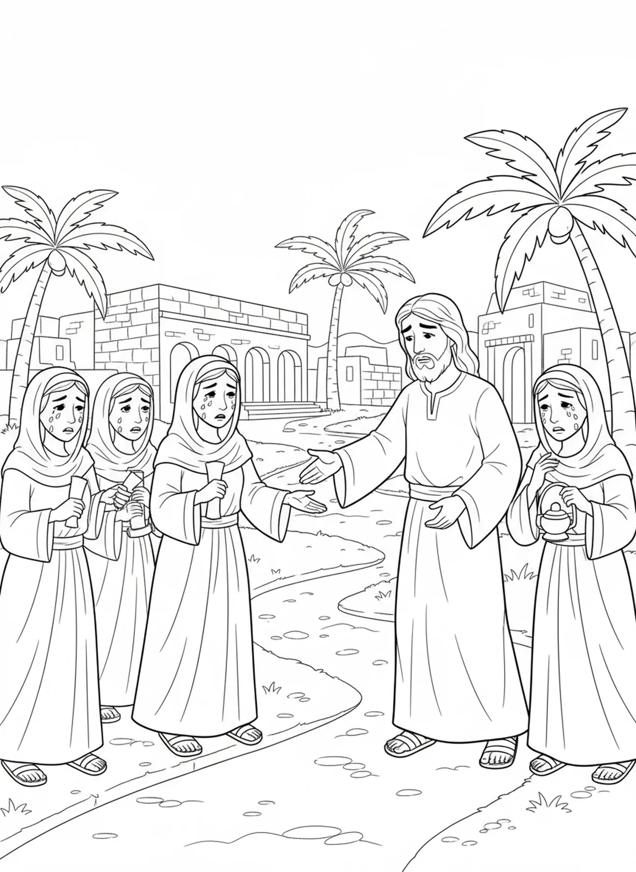 Jesus trifft weinende Frauen, Ausmalbild für die 3. Station des Kreuzwegs für Sonntagsschulkinder im Alter von 5-12 Jahren.