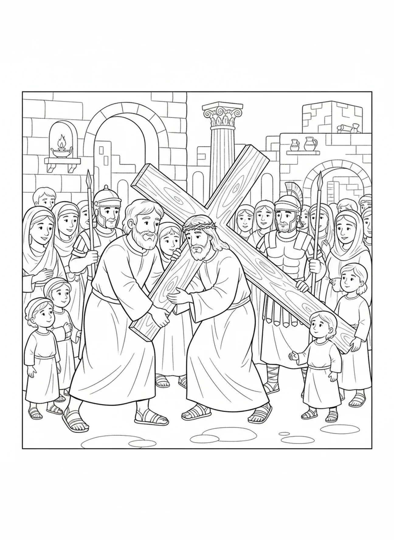 Simon hilft Jesus mit dem Kreuz, Ausmalbild Stationen des Kreuzes 3 für Sonntagsschulkinder im Alter von 5-12 Jahren.