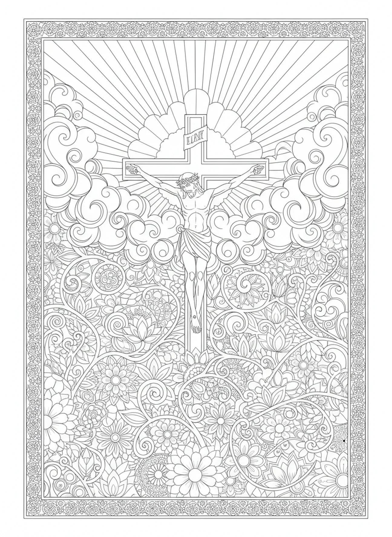 Jesus am Kreuz, Stationskreuz 4 Ausmalbild für Erwachsene im Stil des Bibel-Journalings.