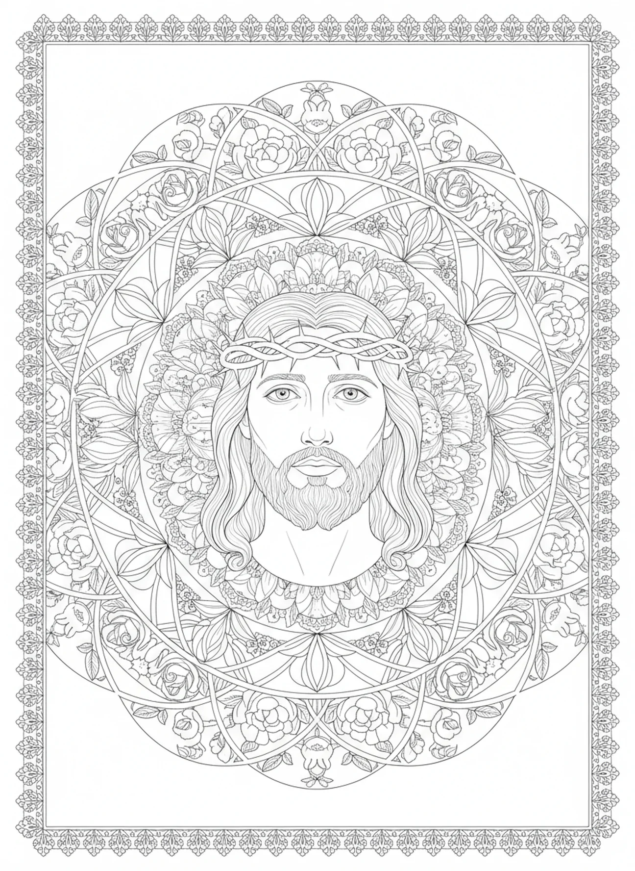 Jesus mit einer Dornenkrone, Ausmalbild Stationen des Kreuzes 4 für Erwachsene im Stil des Bibel-Journalings.