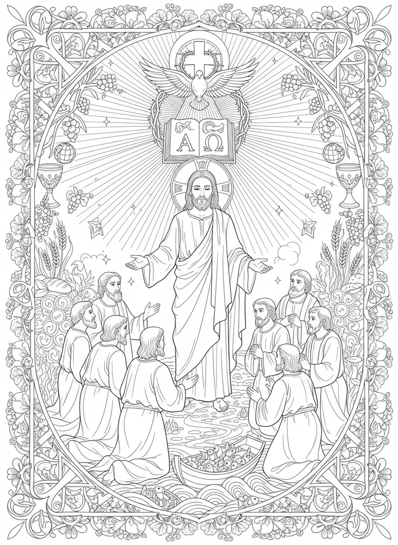 Jesus beauftragt die Jünger, Ausmalbild für Erwachsene im Stil des Bibel-Journalings, Stationen des Kreuzes 4.