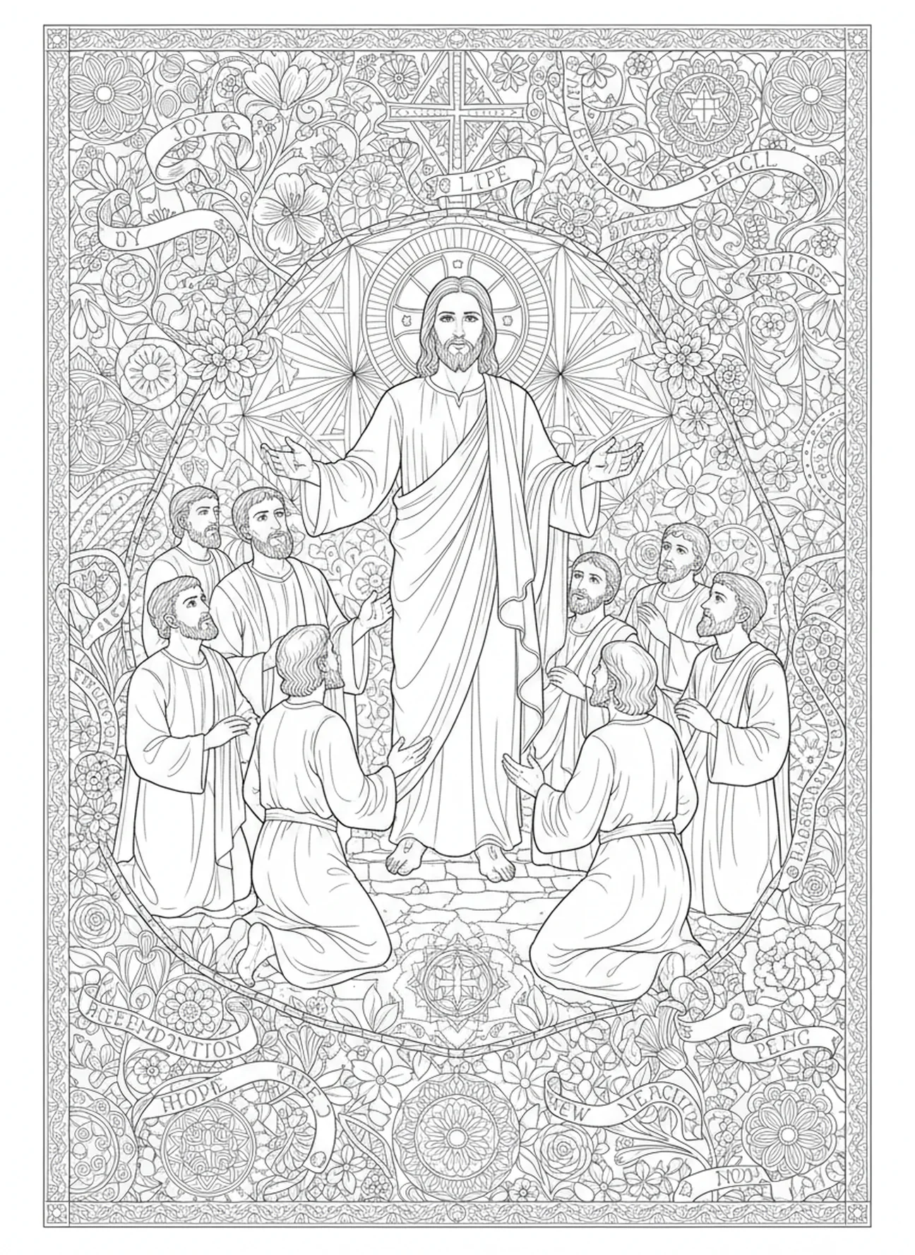 Der auferstandene Jesus erscheint den Jüngern, Kreuzweg 4 Ausmalbild für Erwachsene im Stil des Bibel-Journalings.