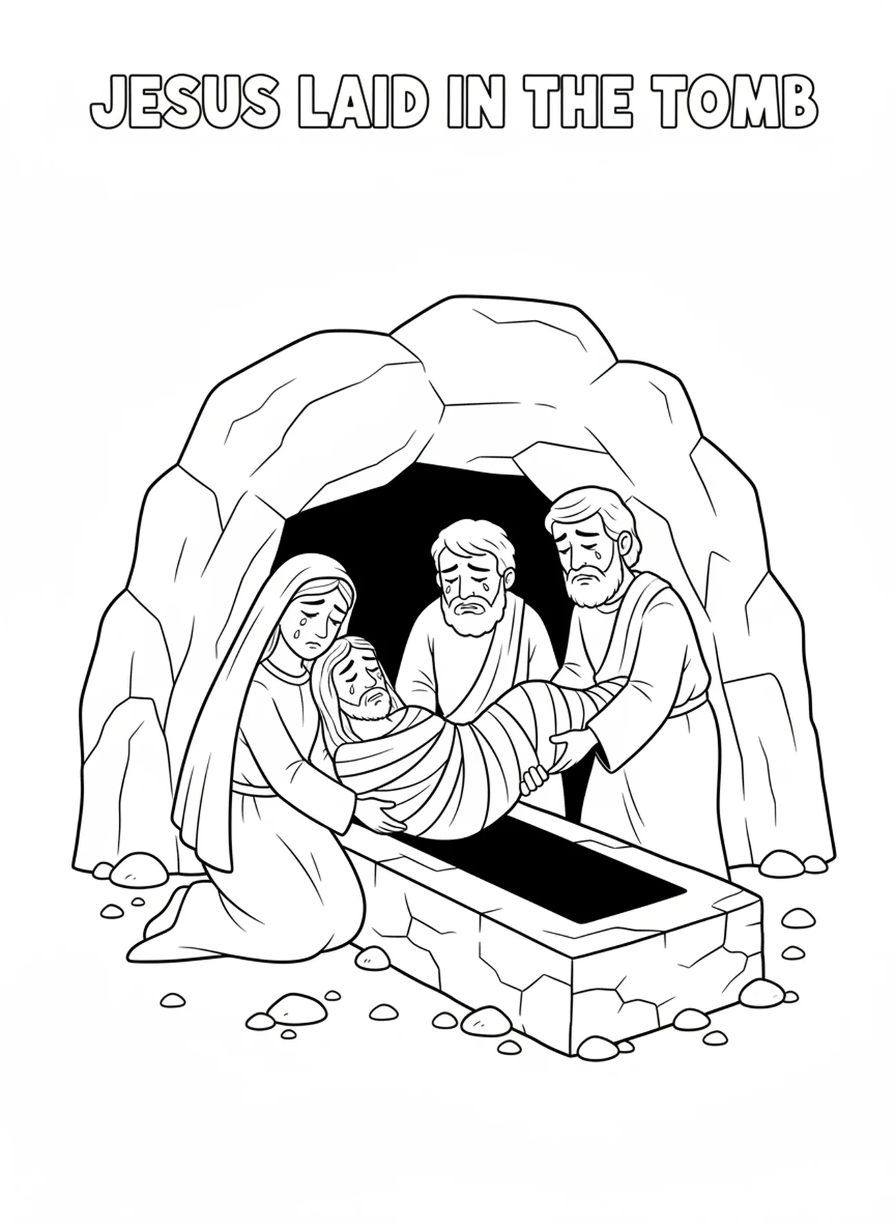Le corps de Jésus étant déposé dans un tombeau, page à colorier des Stations de la Croix 4 pour les enfants de 5 à 10 ans.