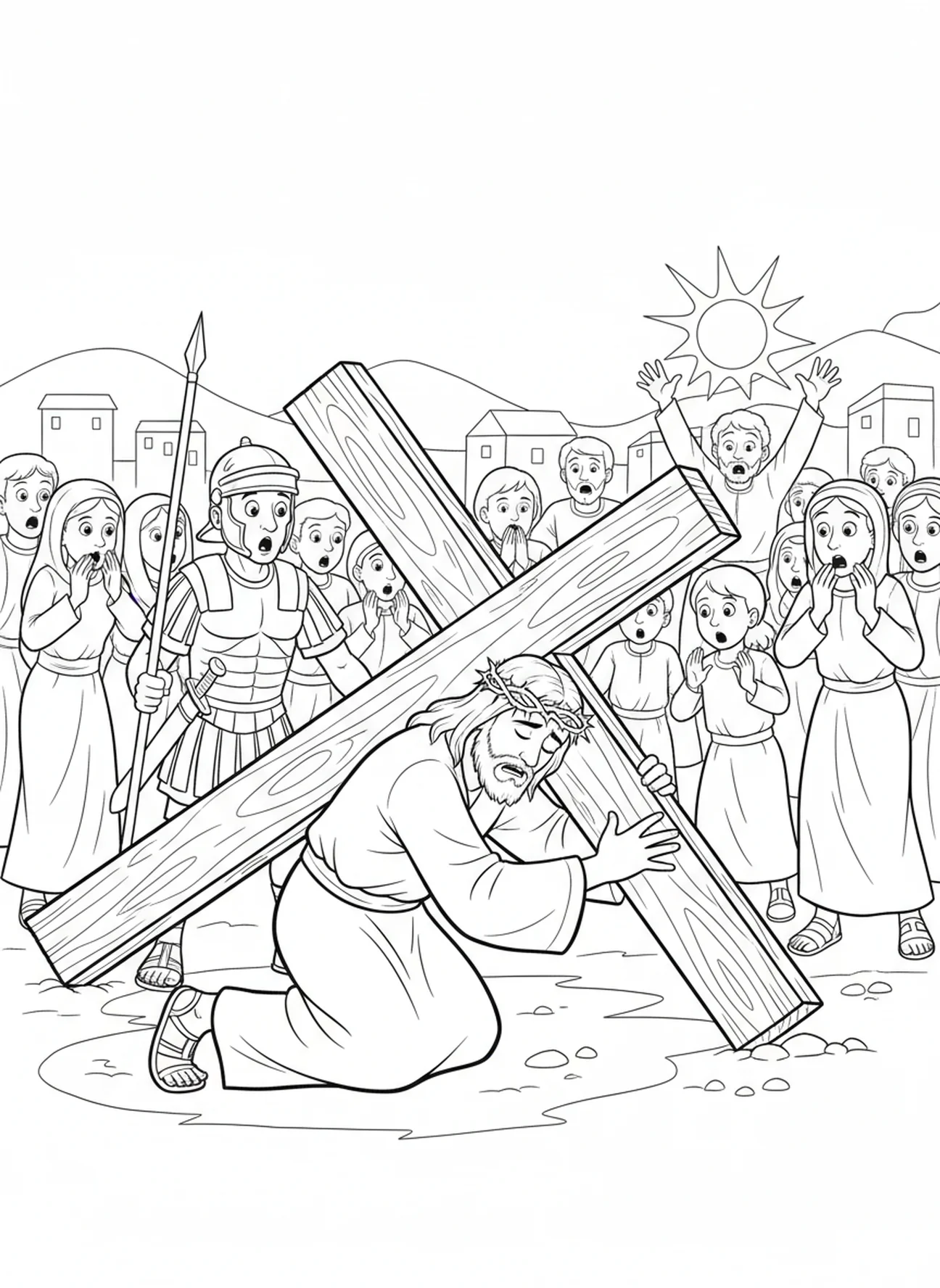 Jésus tombant en portant la croix, page à colorier des Stations de la Croix 4 pour les enfants de 5 à 10 ans.