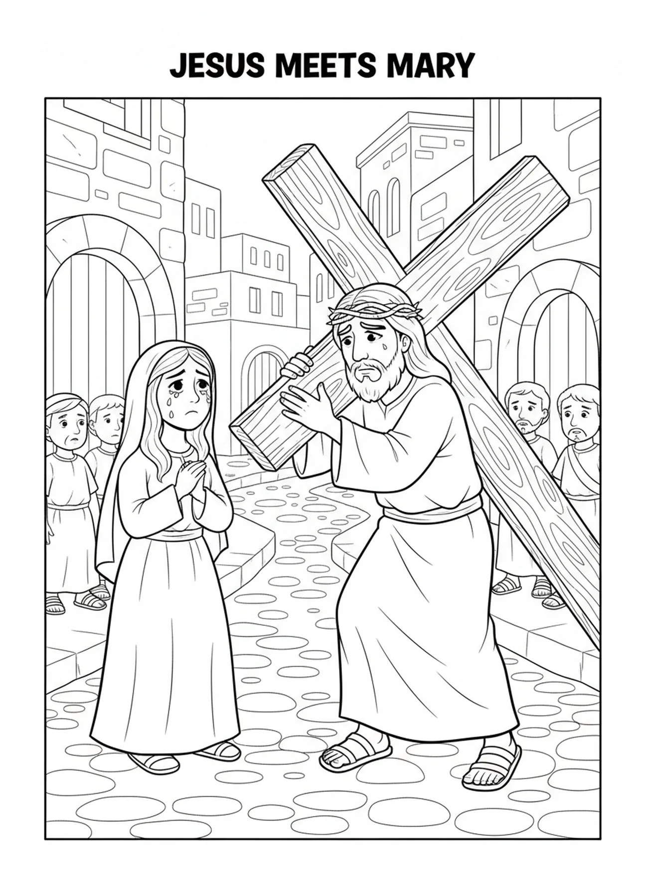 Jésus rencontrant sa mère Marie, page à colorier des Stations de la Croix 4 pour les enfants de 5 à 10 ans.