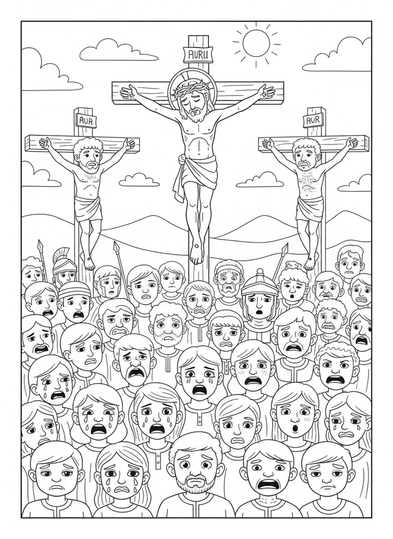 Jésus sur la croix avec deux voleurs, page à colorier des Stations de la Croix 4 pour les enfants de 5 à 10 ans.