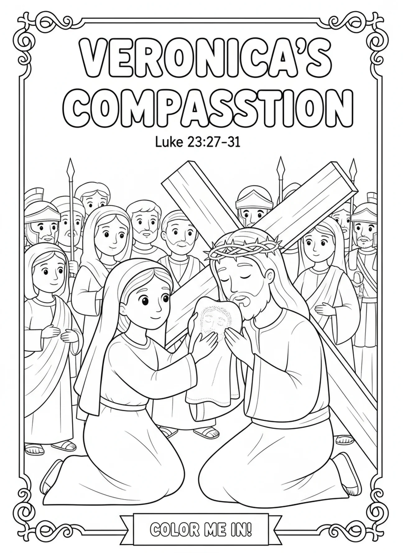 Véronique essuyant le visage de Jésus avec un linge, page à colorier des Stations de la Croix 4 pour les enfants de 5 à 10 ans.