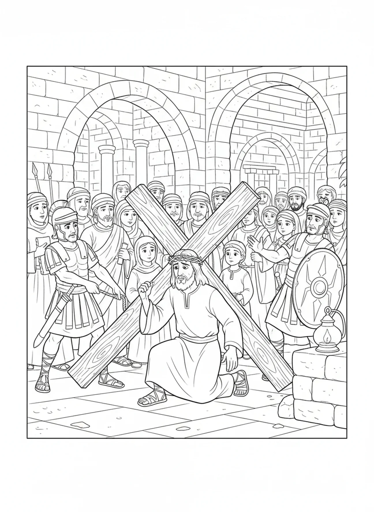Jesus, der unter dem Gewicht des Kreuzes taumelt, Ausmalbild Stationen des Kreuzes 4 für Sonntagsschulkinder im Alter von 5-12 Jahren.