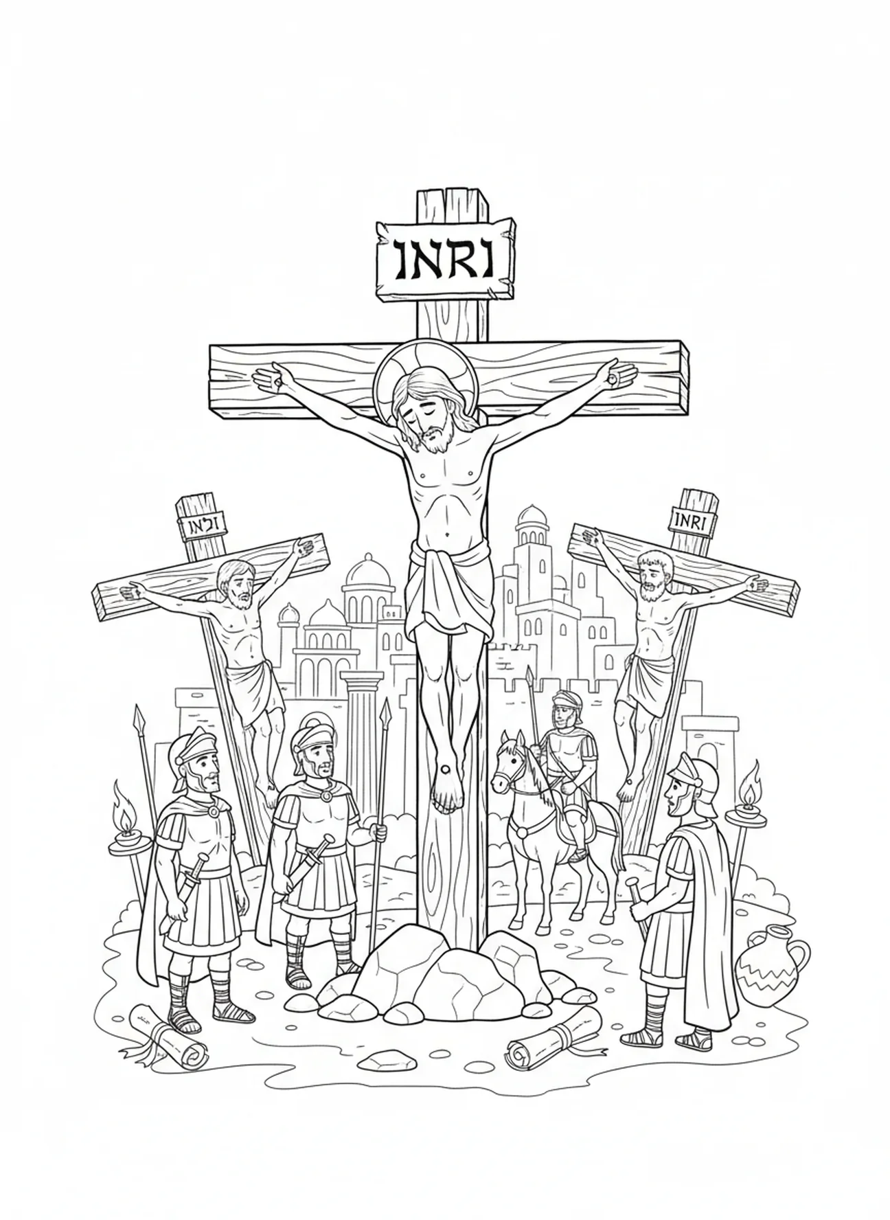 Jesus am Kreuz, Ausmalbild der 4. Station des Kreuzwegs für Kinder in der Sonntagsschule im Alter von 5-12 Jahren.