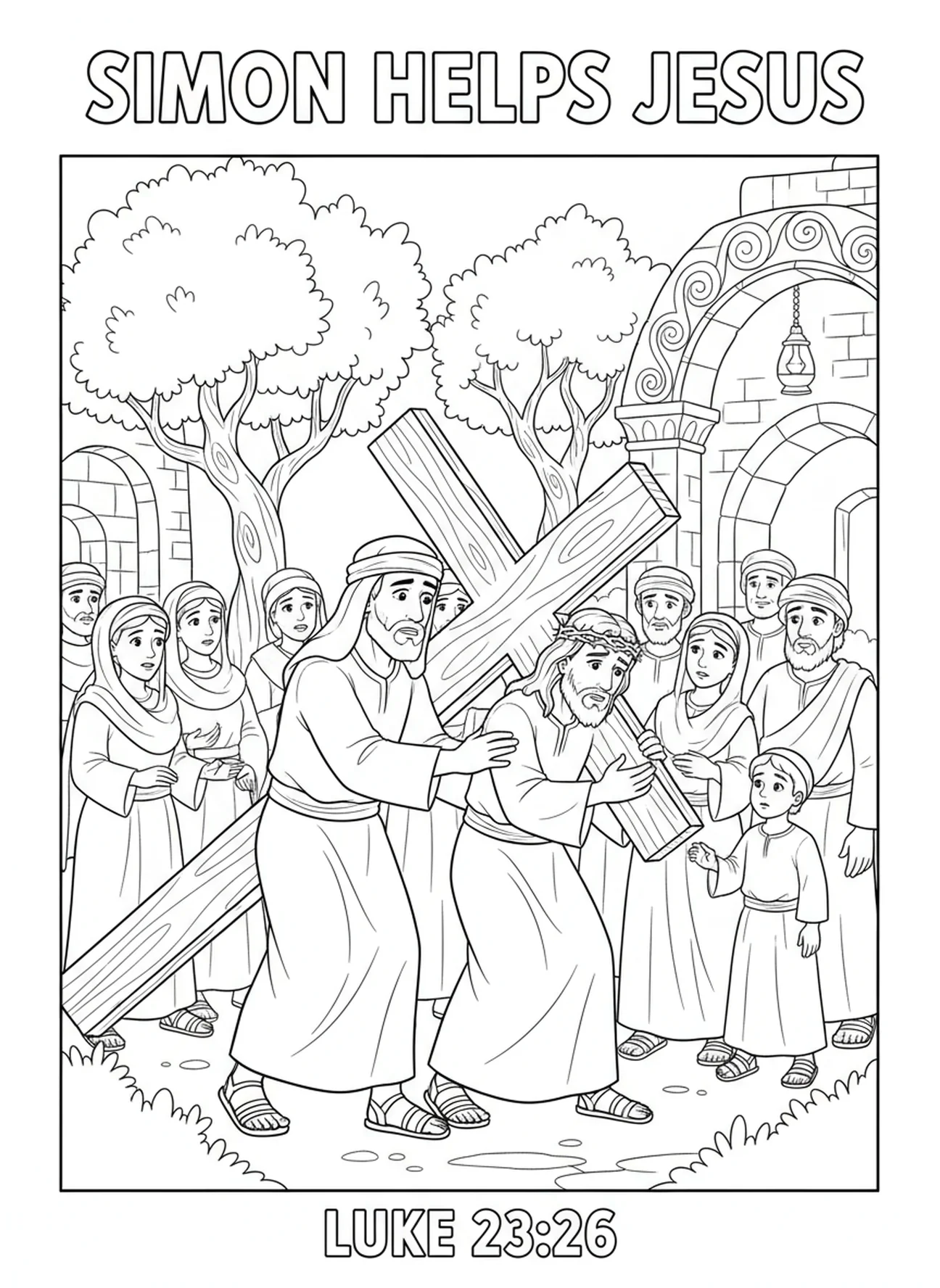 Simon von Kyrene hilft Jesus das Kreuz zu tragen, Ausmalbild der 4. Station des Kreuzwegs für Kinder in der Sonntagsschule im Alter von 5-12 Jahren.