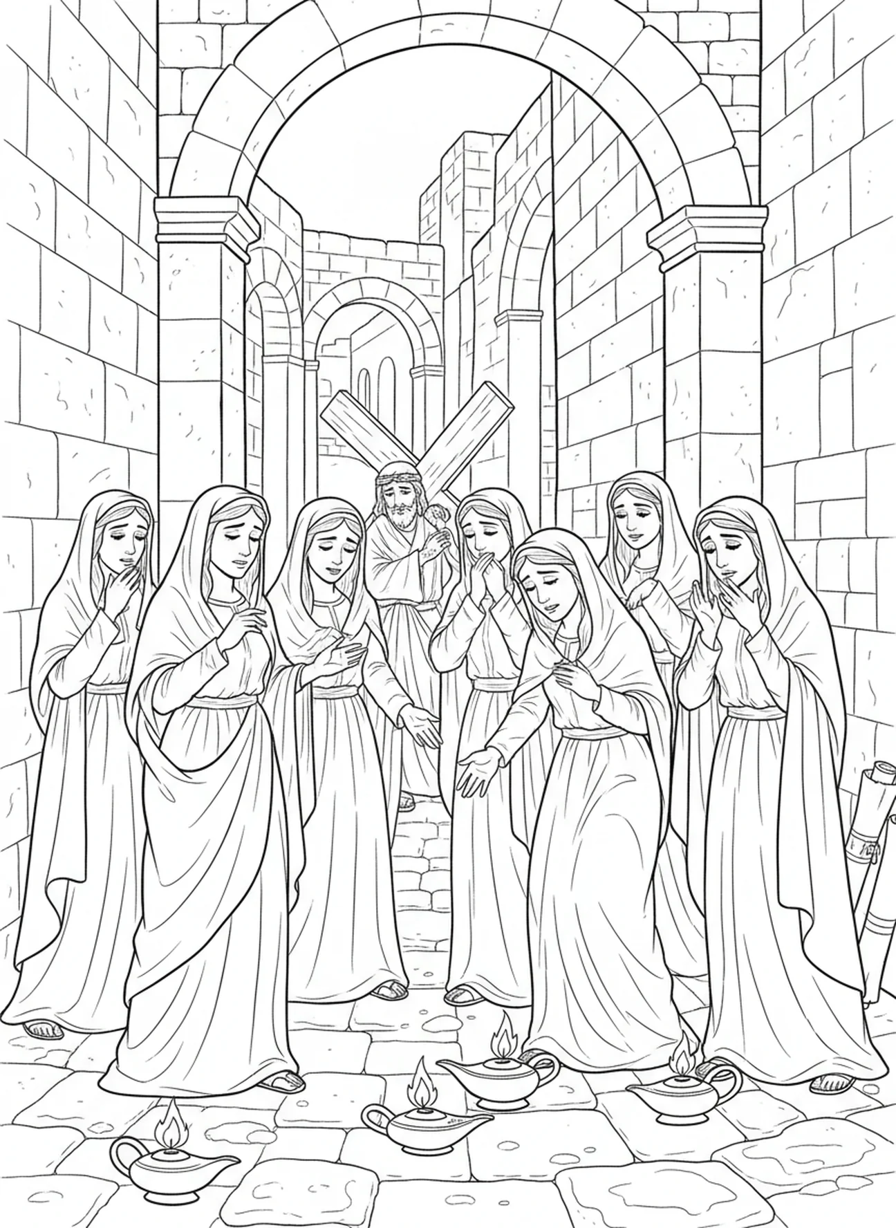 Gruppe von Frauen, die um Jesus weinen, Ausmalbild für die 4. Station des Kreuzwegs für Sonntagsschulkinder im Alter von 5-12 Jahren.