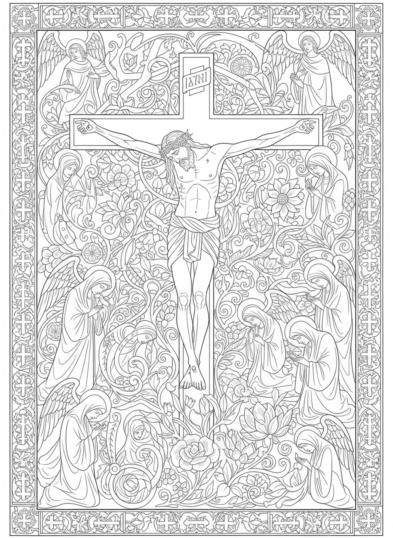 Jesu lebloser Körper am Kreuz, Ausmalbild für Erwachsene zur 5. Station des Kreuzwegs im Bibel-Journaling-Stil.